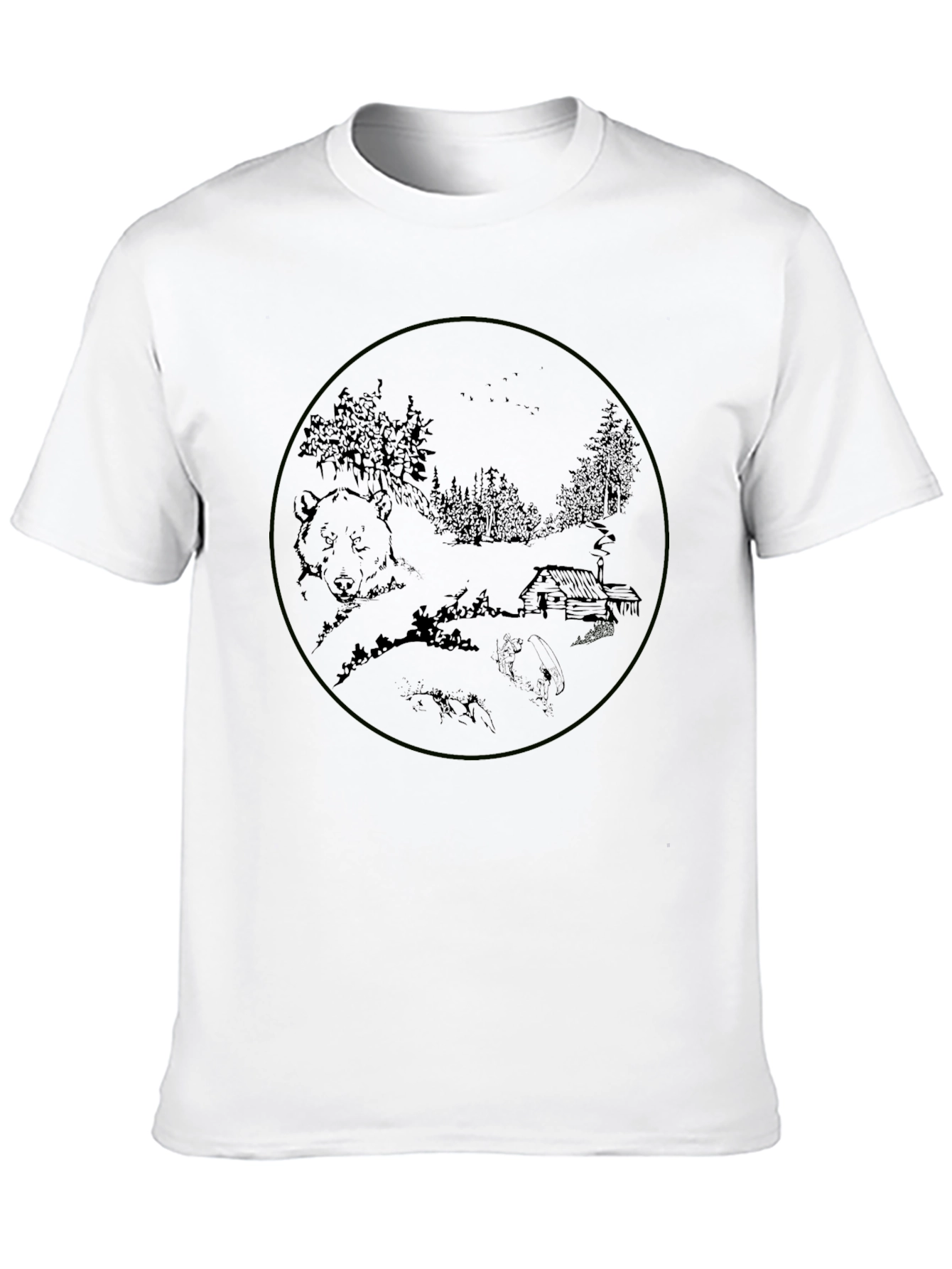 Black T-Shirt with Bear & Cabin Graphic