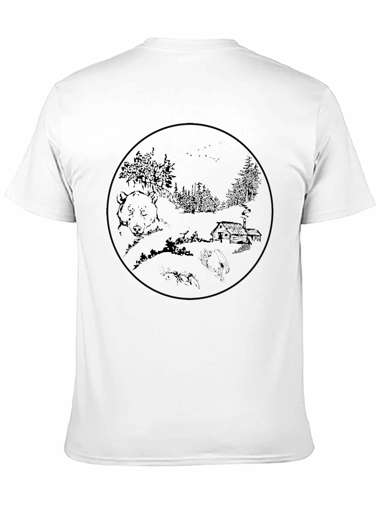 Black T-Shirt with Bear & Cabin Graphic