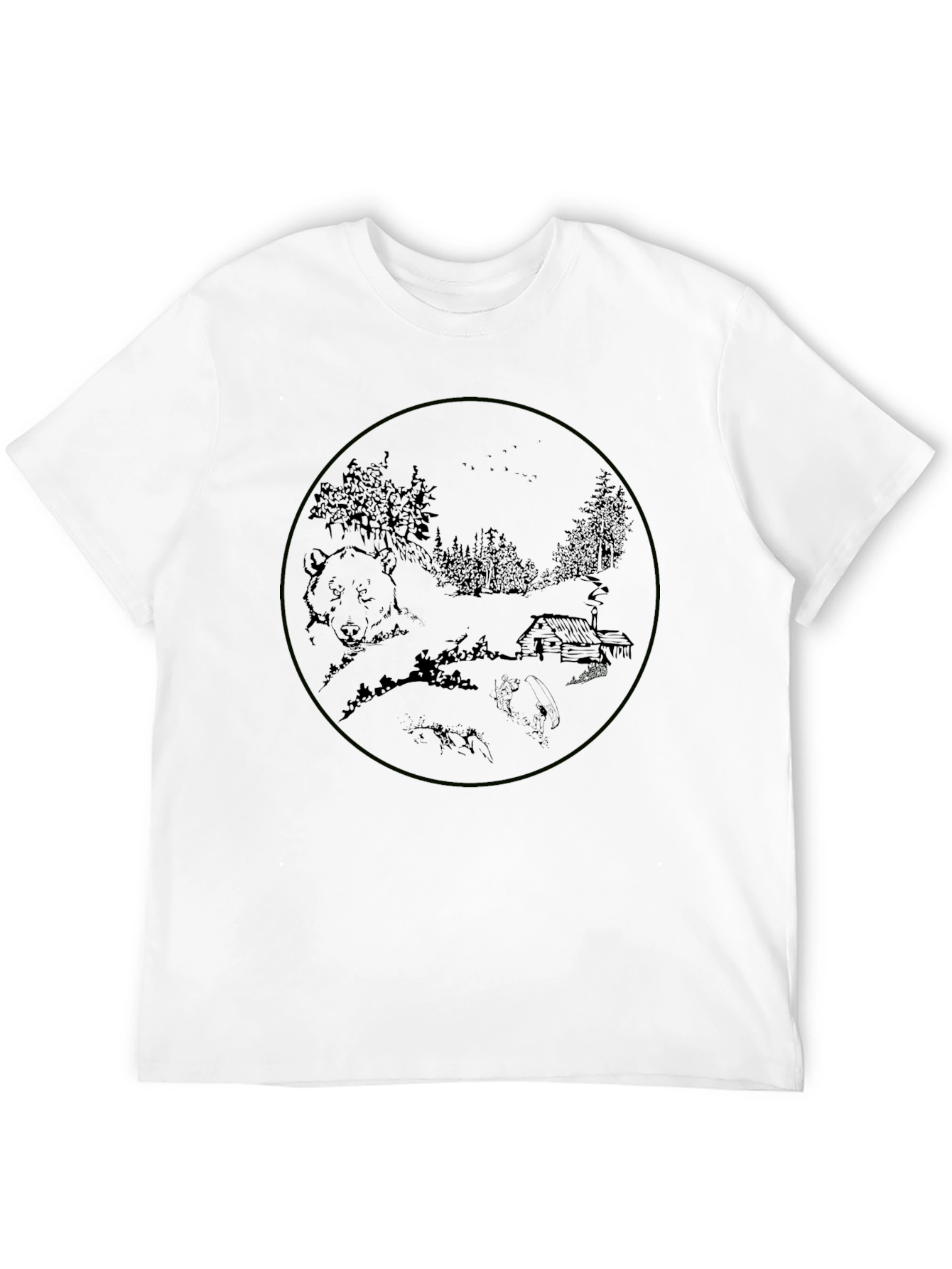 Black T-Shirt with Bear & Cabin Graphic