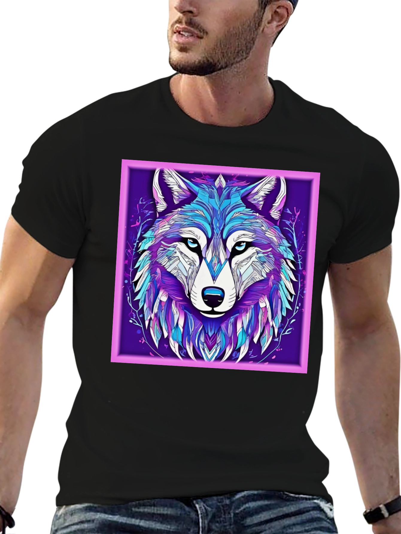 Abstract Wolf Graphic Print Black T-Shirt