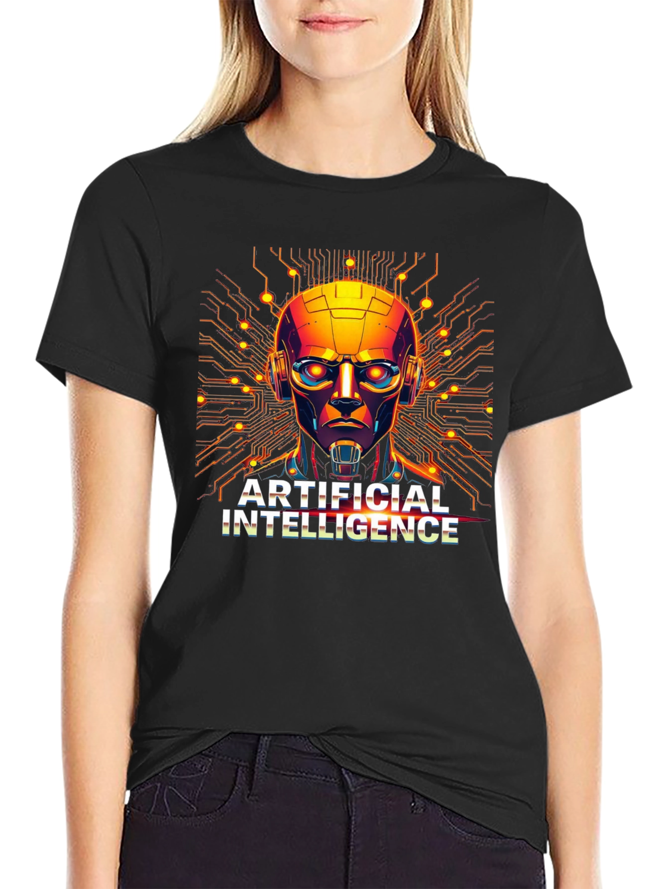 AI Robot Head Graphic Black T-Shirt