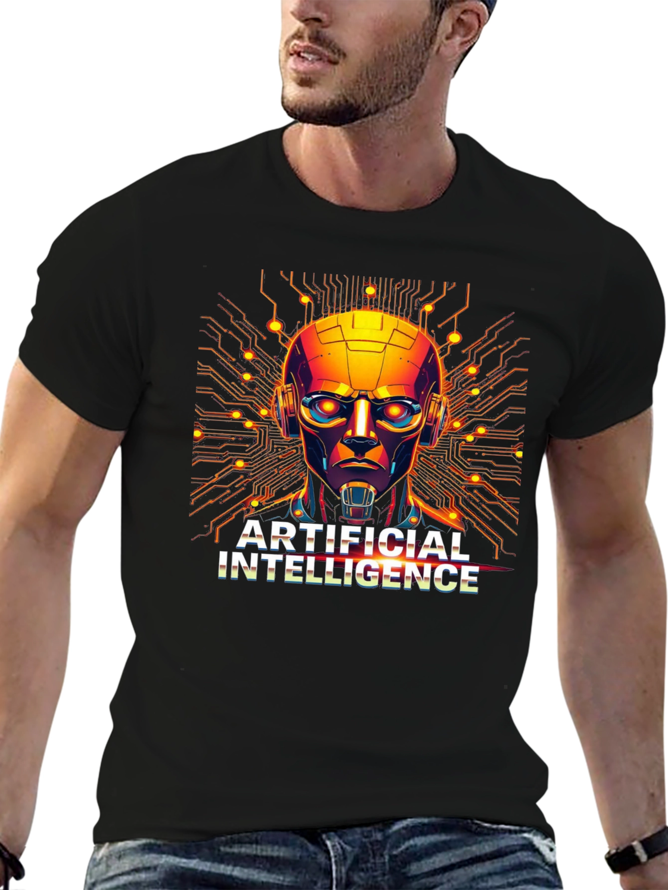 AI Robot Head Graphic Black T-Shirt