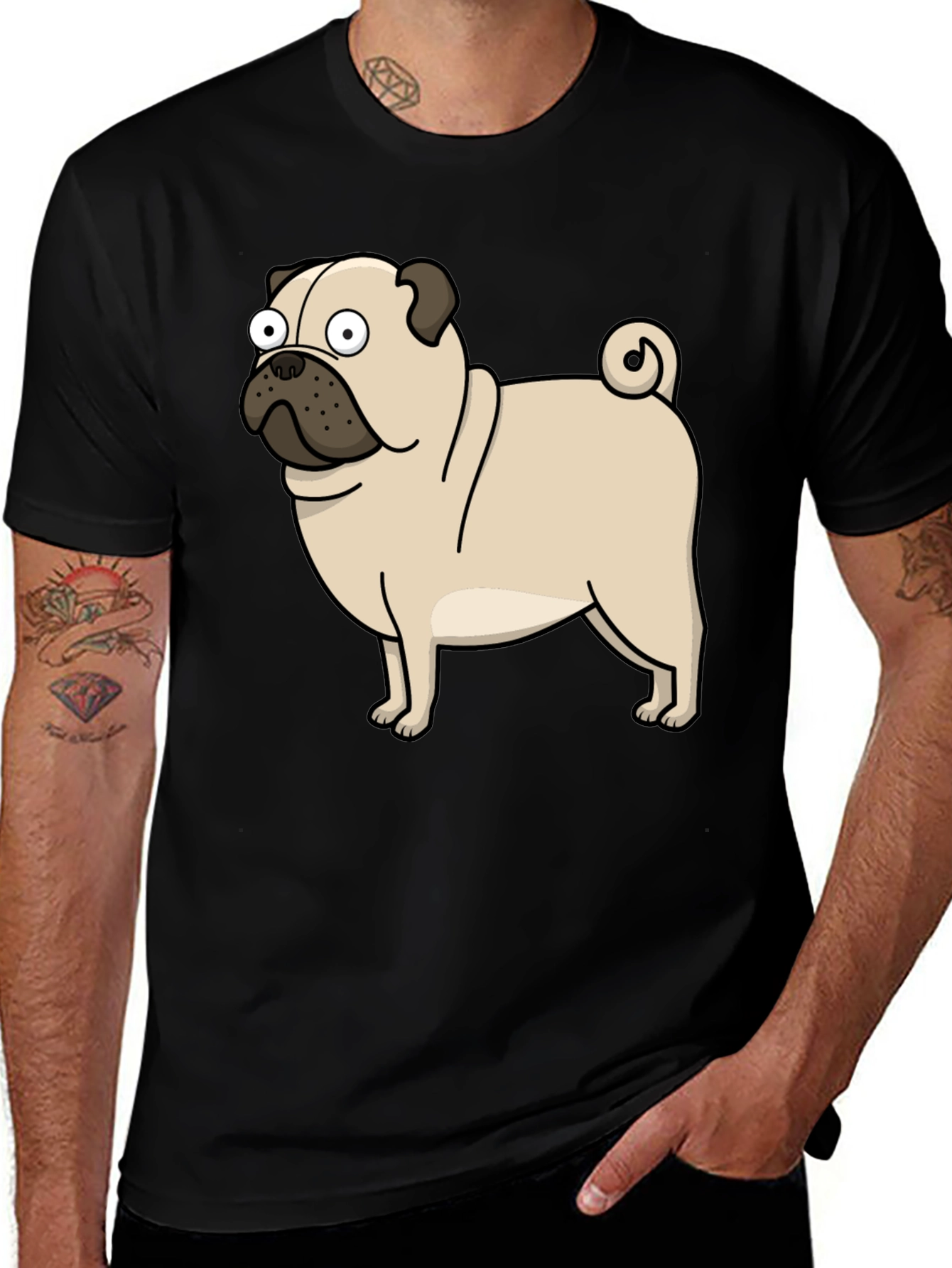 Cartoon Pug Graphic T-Shirt - Black