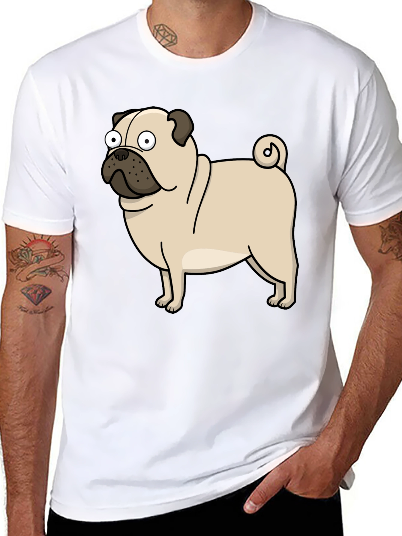 Cartoon Pug Graphic T-Shirt - Black