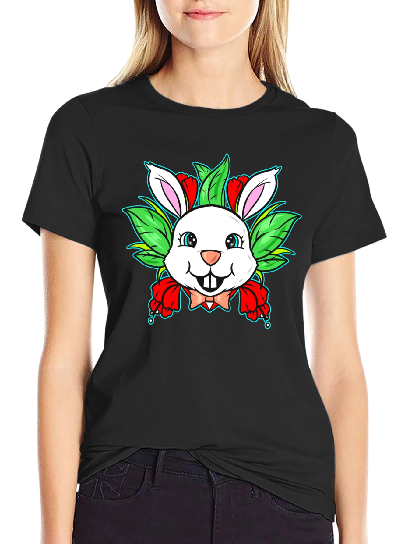 Cute Bunny Graphic Black T-Shirt