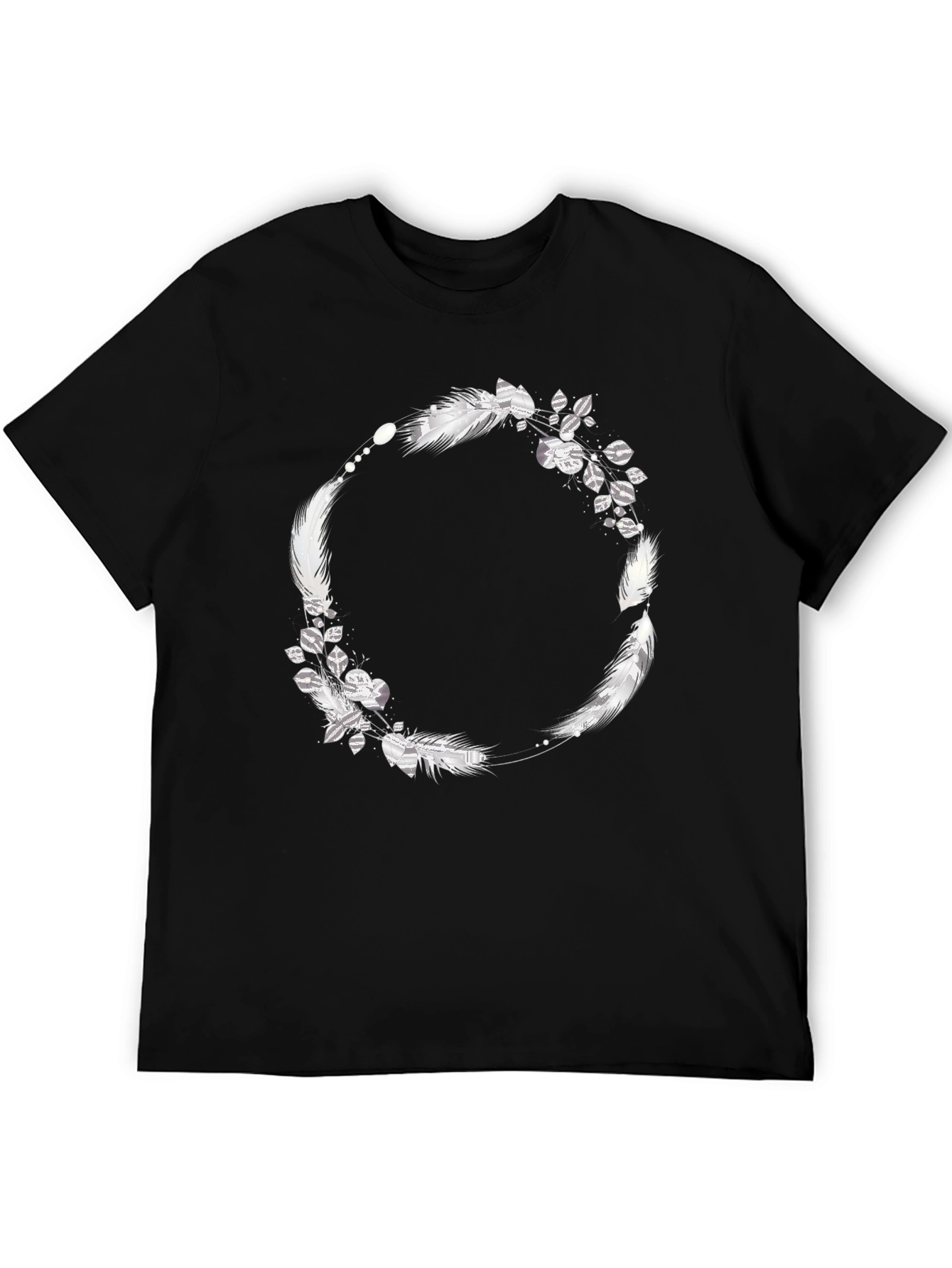 Black Tee with Feather & Leaf Wreath Design