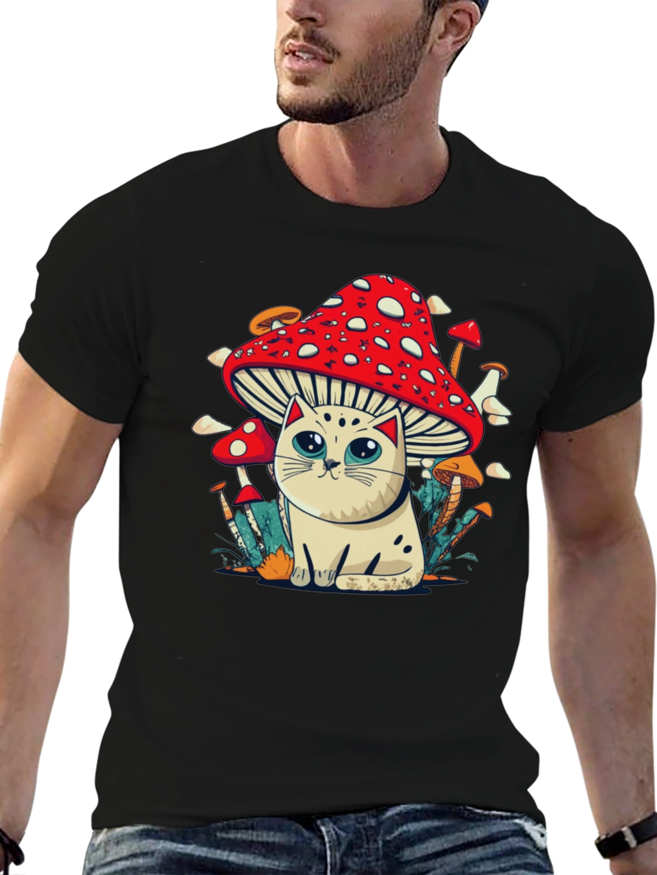 Mushroom Cat T-Shirt - Whimsical Graphic Tee