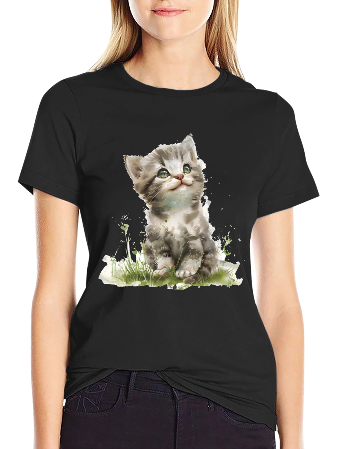 Cute Kitten Graphic Black T-Shirt