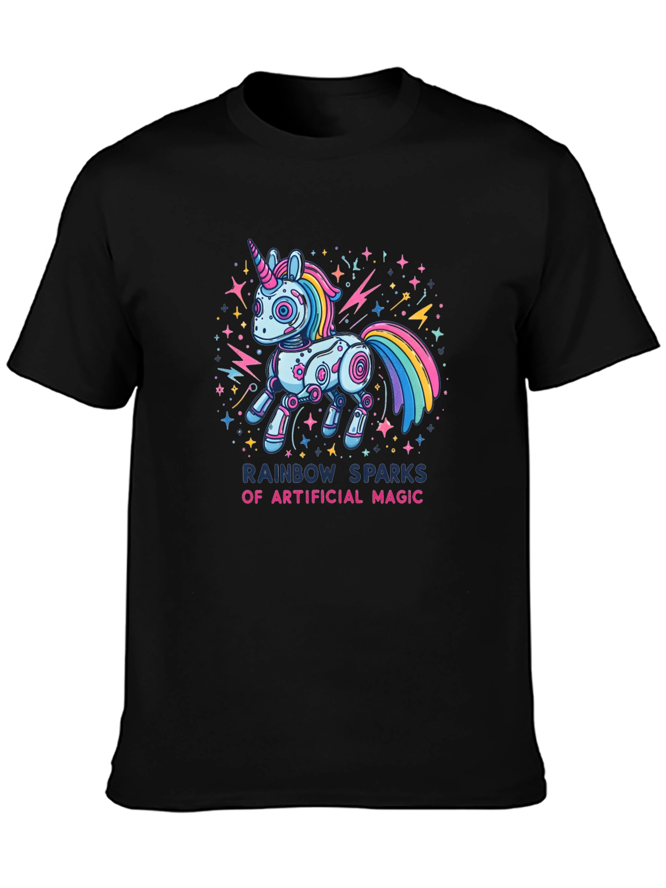 Rainbow Sparks Robot Unicorn Graphic T-Shirt