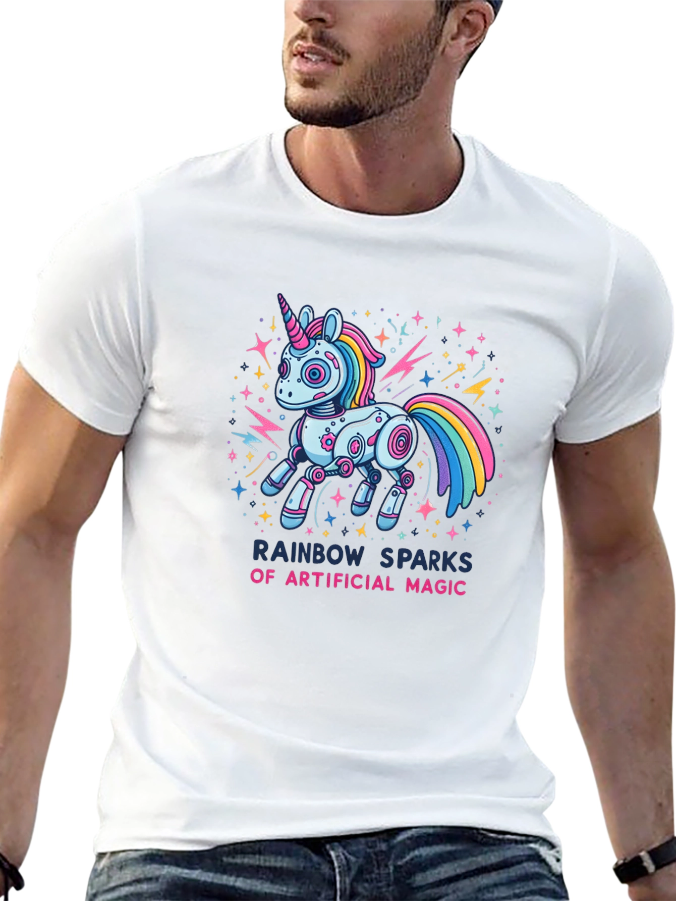 Rainbow Sparks Robot Unicorn Graphic T-Shirt