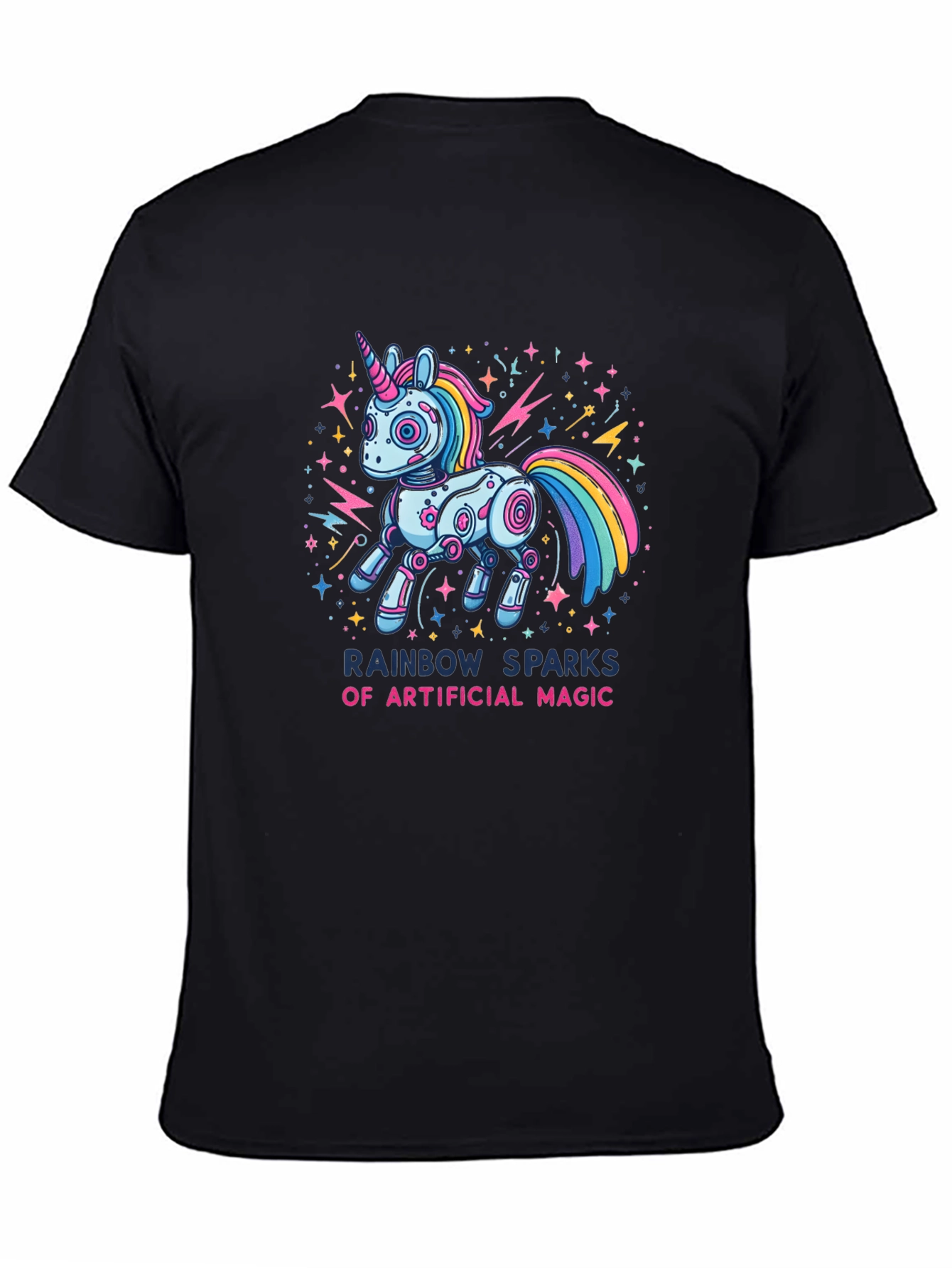 Rainbow Sparks Robot Unicorn Graphic T-Shirt