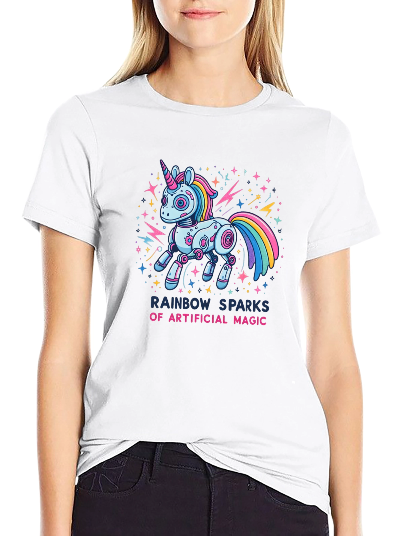 Rainbow Sparks Robot Unicorn Graphic T-Shirt