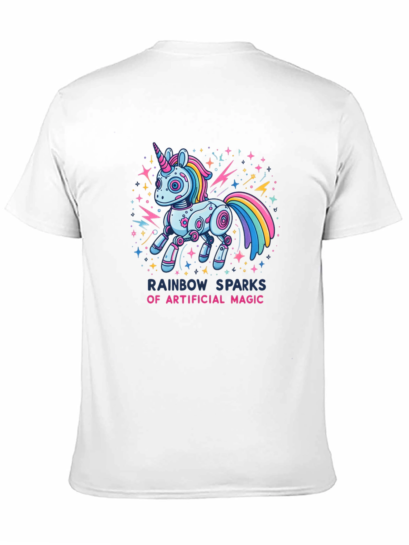 Rainbow Sparks Robot Unicorn Graphic T-Shirt