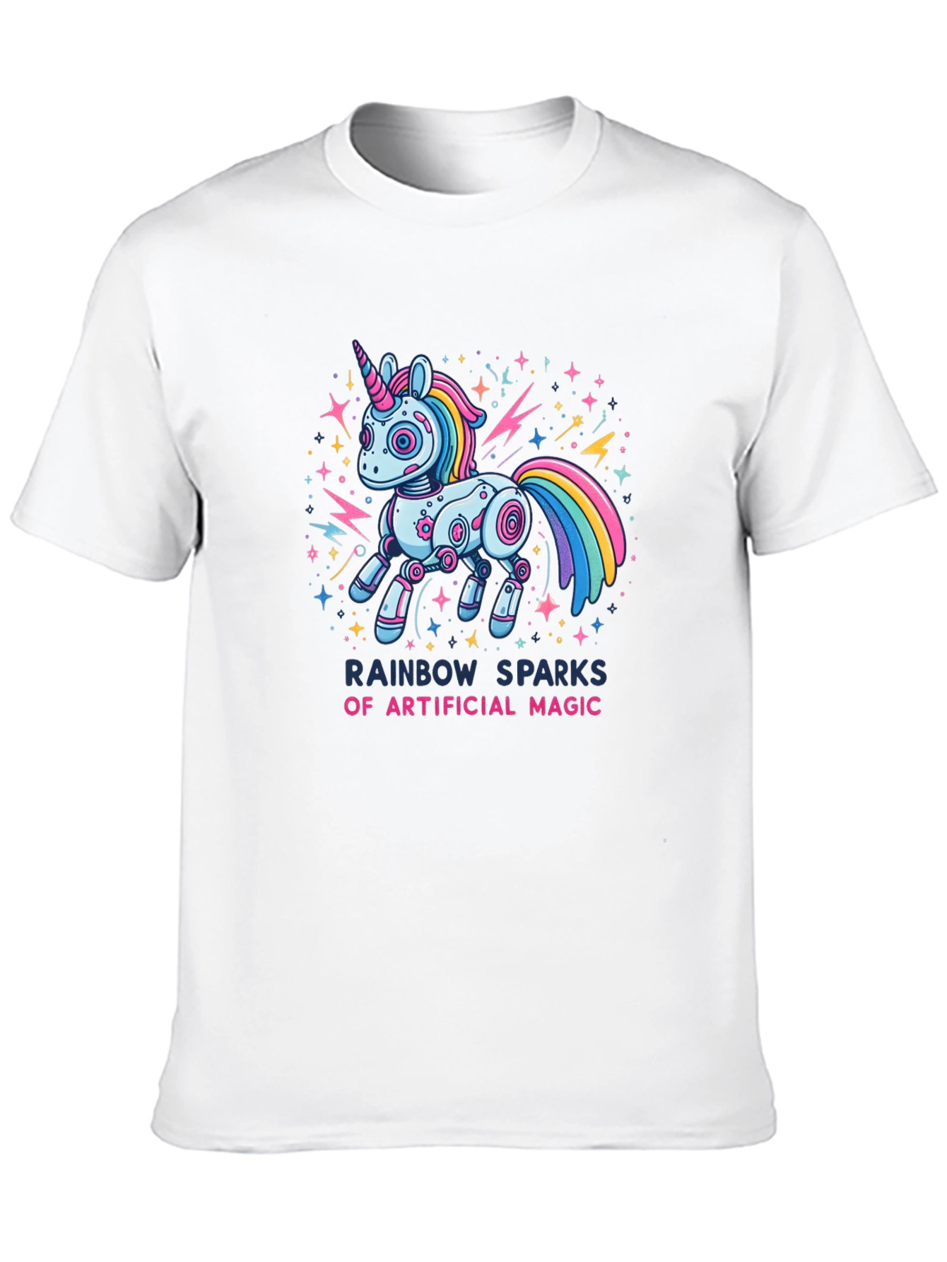 Rainbow Sparks Robot Unicorn Graphic T-Shirt