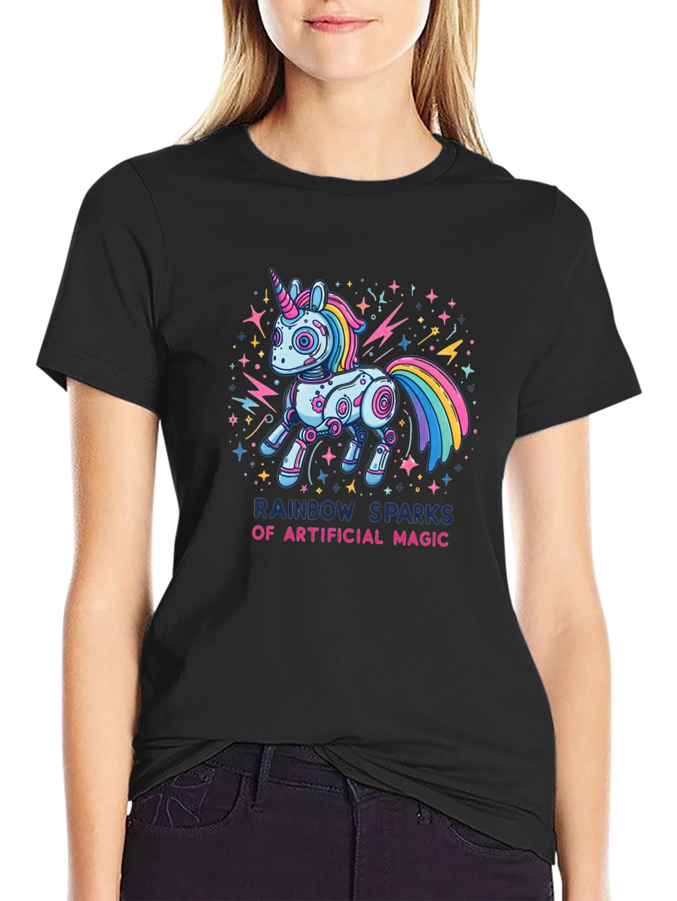 Rainbow Sparks Robot Unicorn Graphic T-Shirt