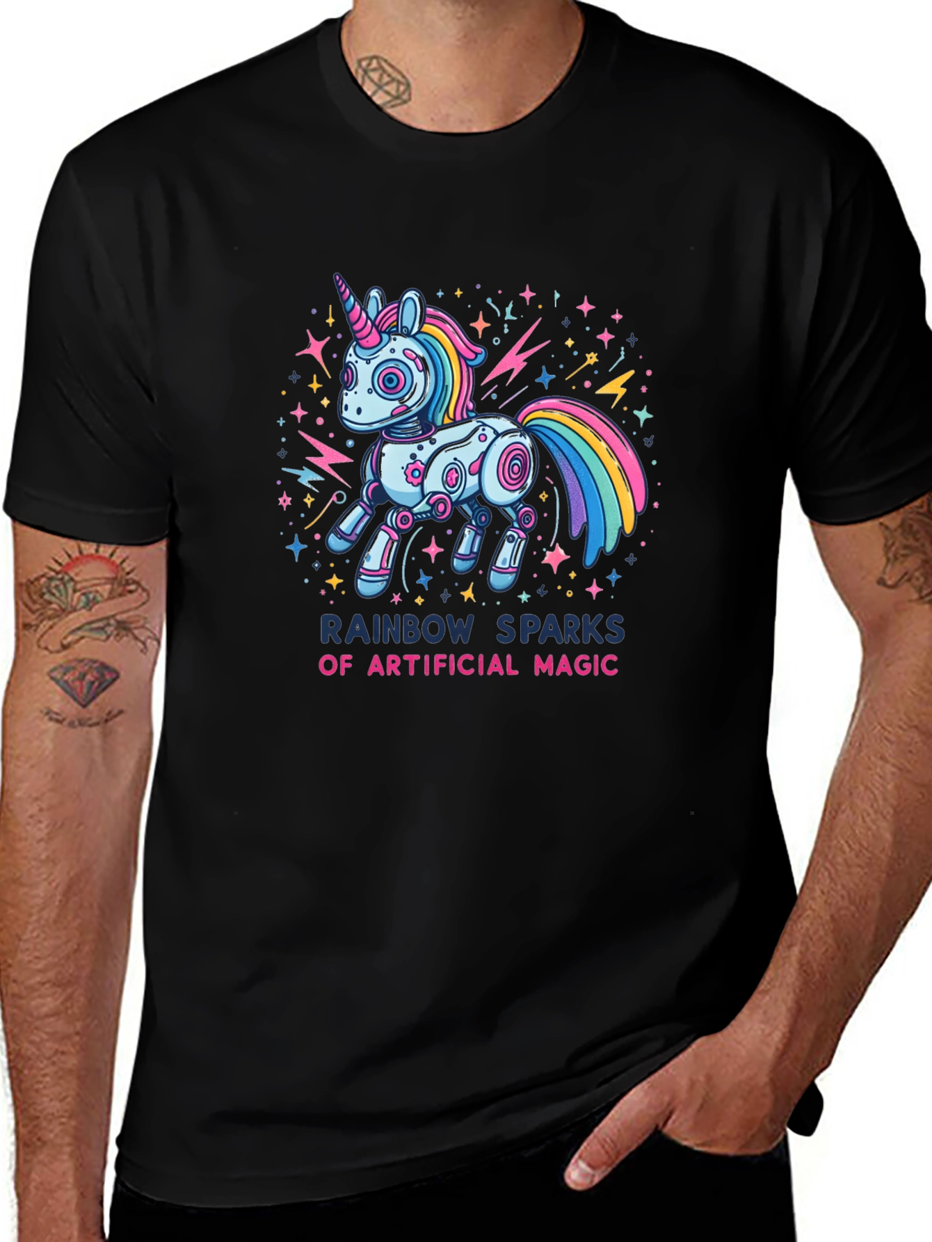 Rainbow Sparks Robot Unicorn Graphic T-Shirt