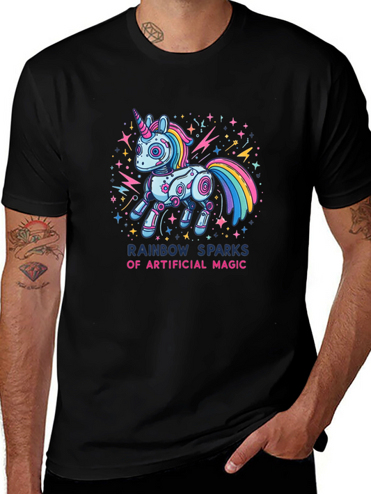Rainbow Sparks Robot Unicorn Graphic T-Shirt