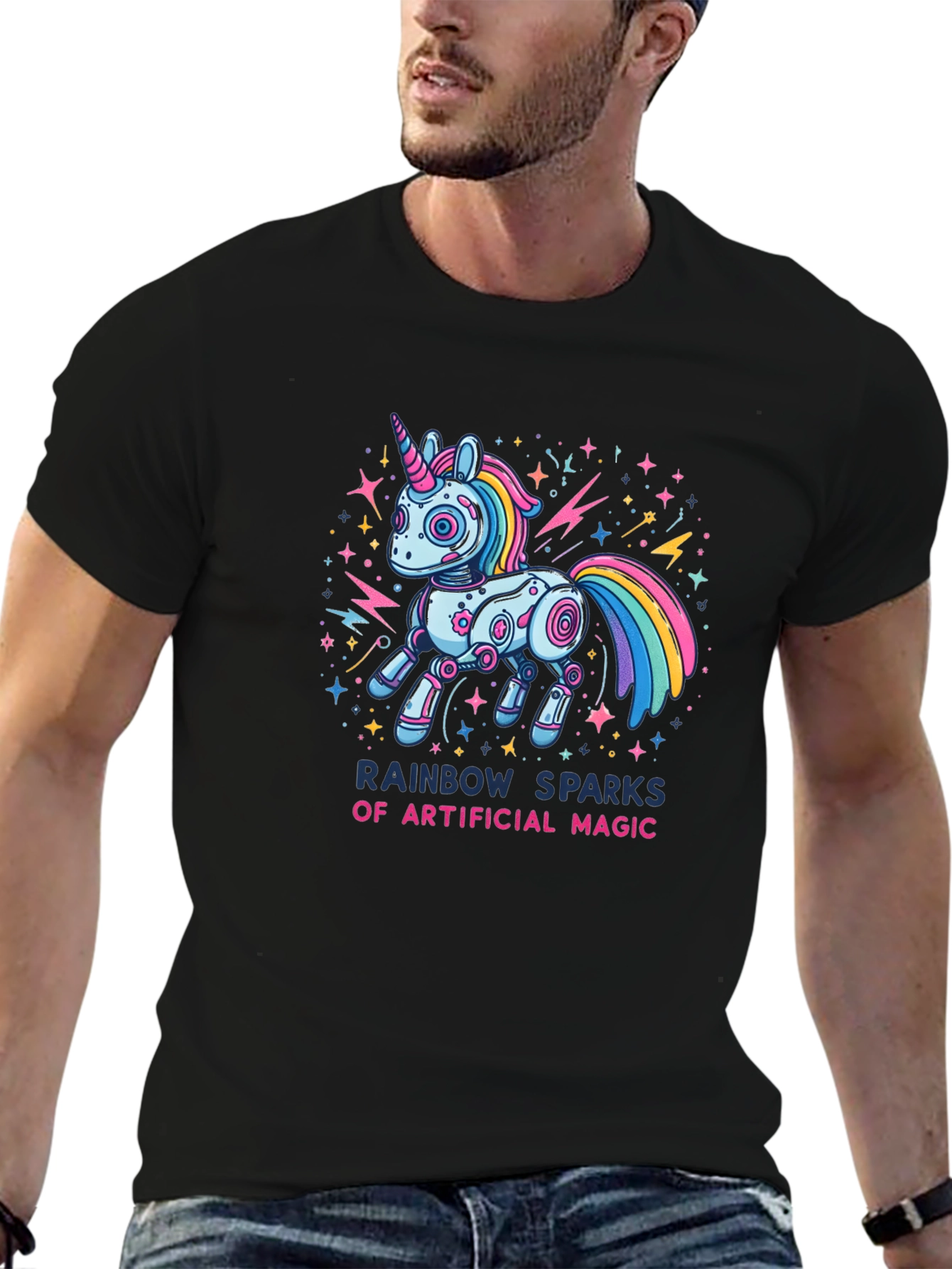 Rainbow Sparks Robot Unicorn Graphic T-Shirt