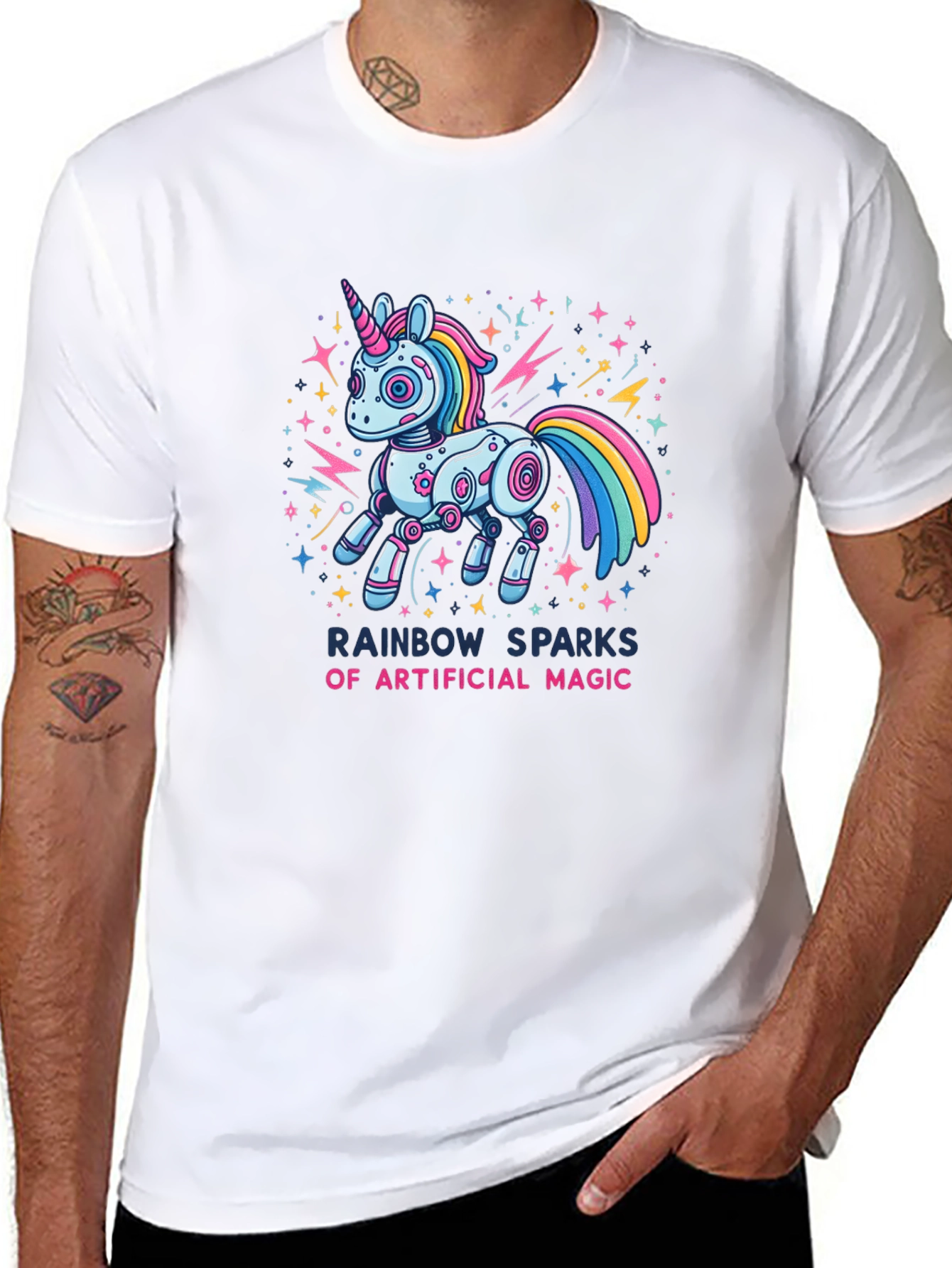 Rainbow Sparks Robot Unicorn Graphic T-Shirt