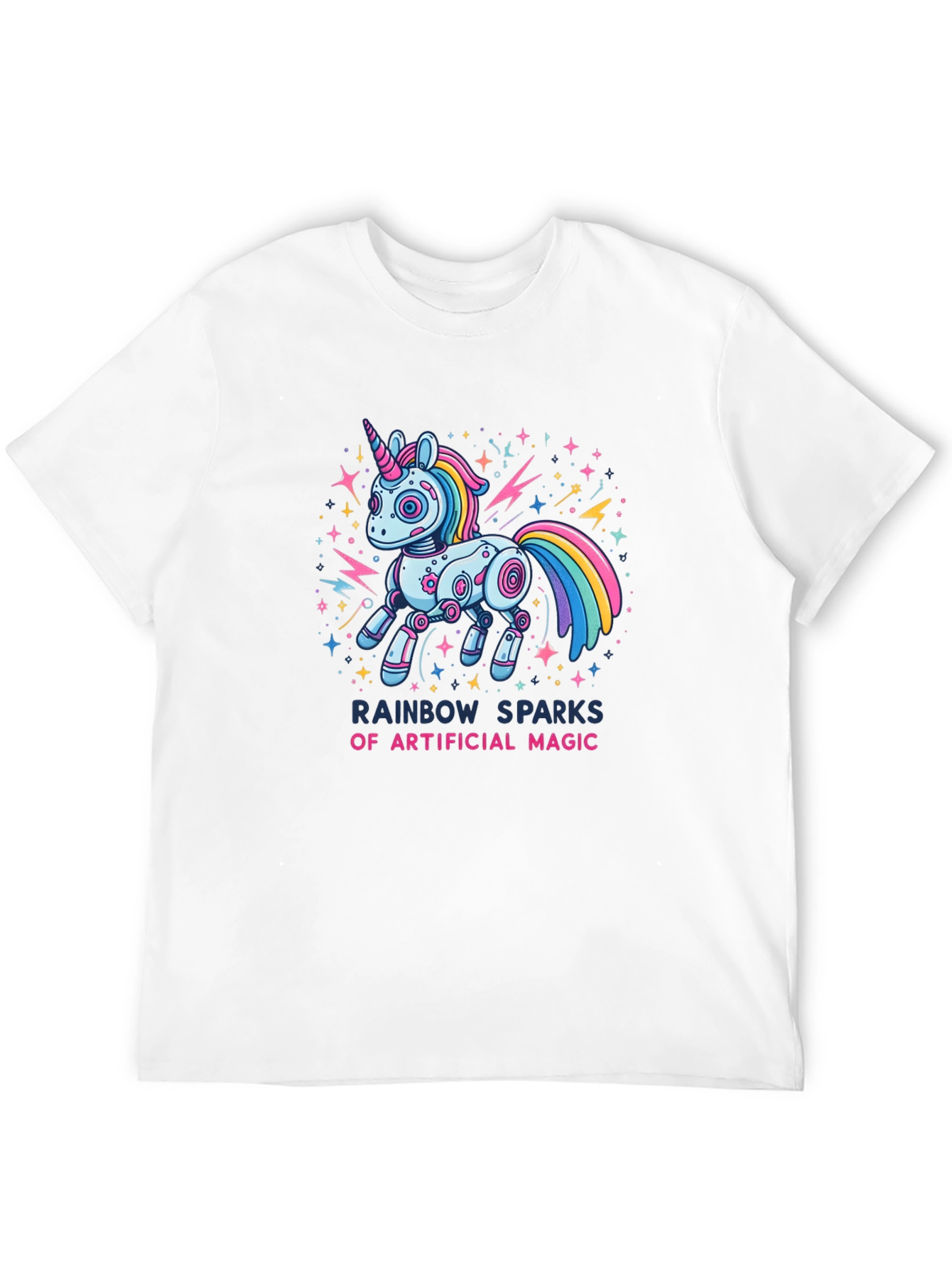 Rainbow Sparks Robot Unicorn Graphic T-Shirt