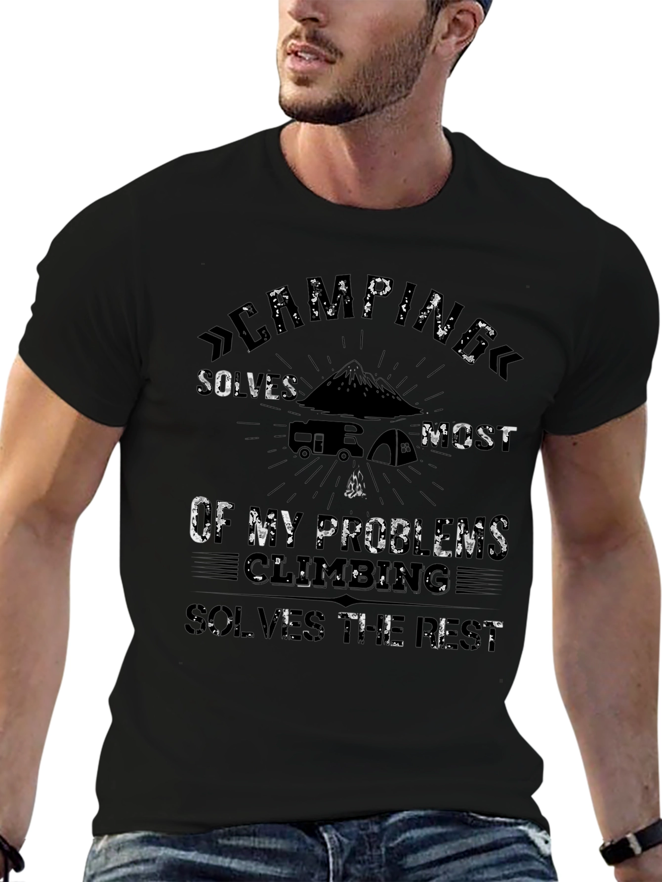 Camping Solves Problems Black Graphic Tee