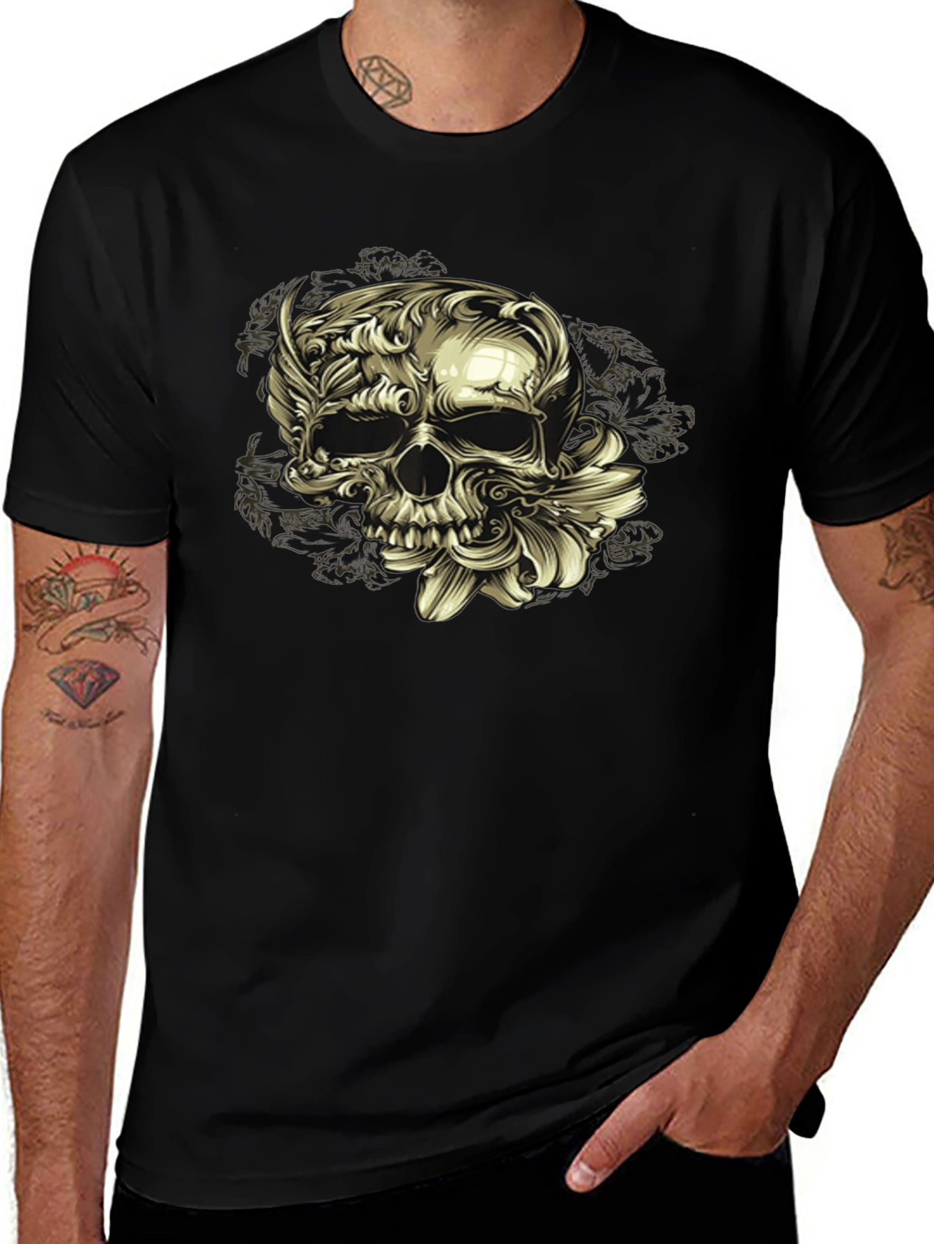 Floral Skull Graphic Tee - Dark Style