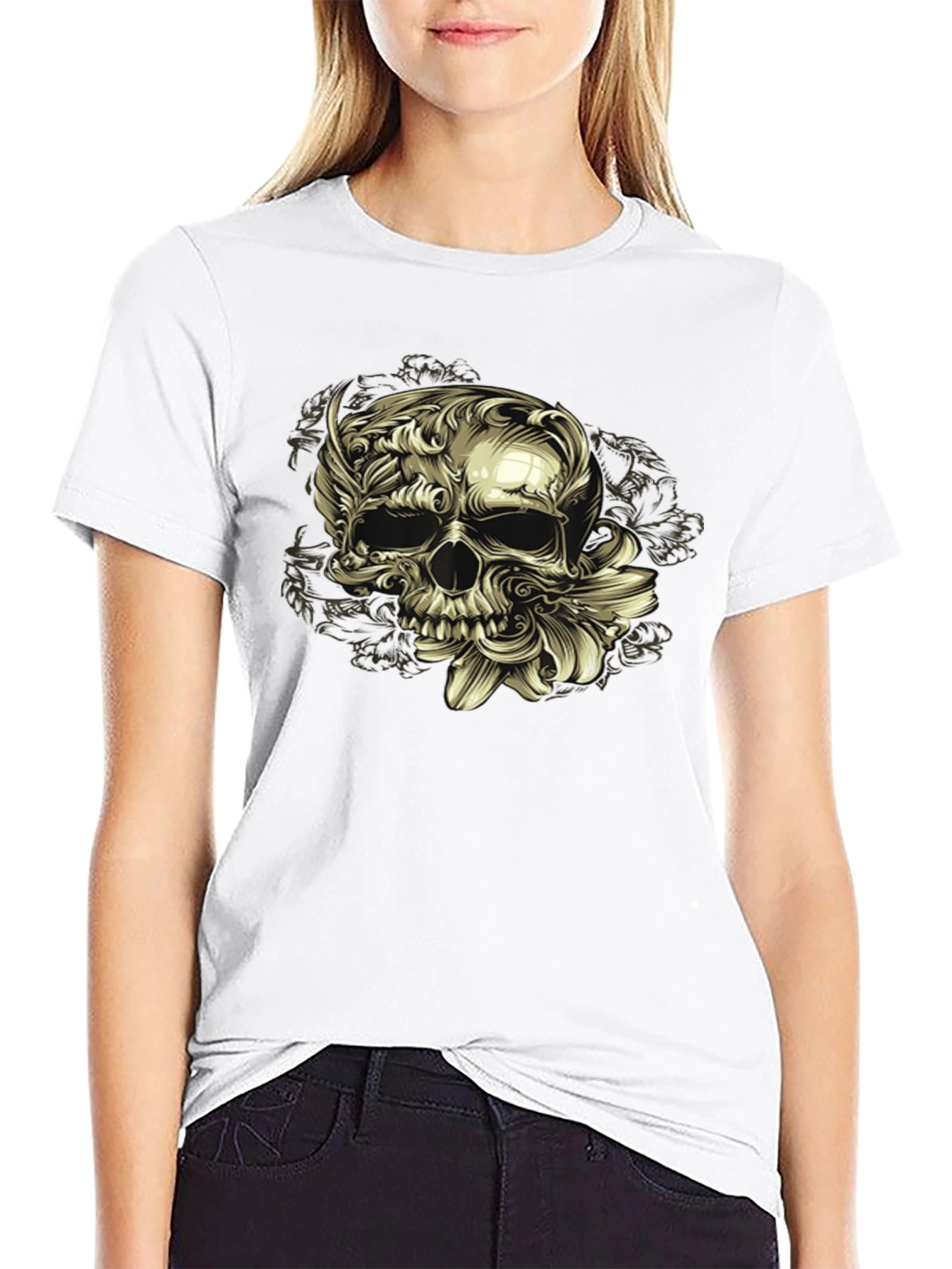 Floral Skull Graphic Tee - Dark Style