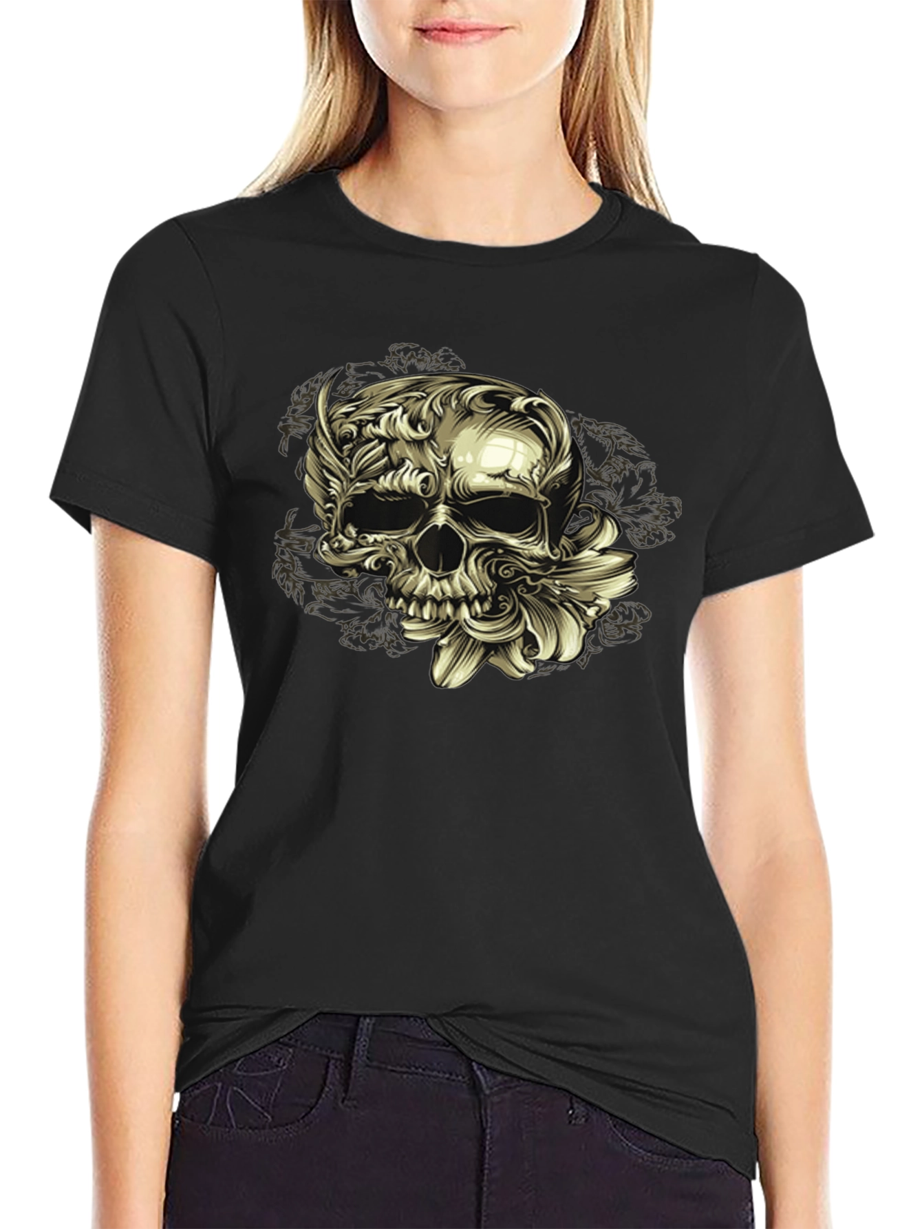 Floral Skull Graphic Tee - Dark Style