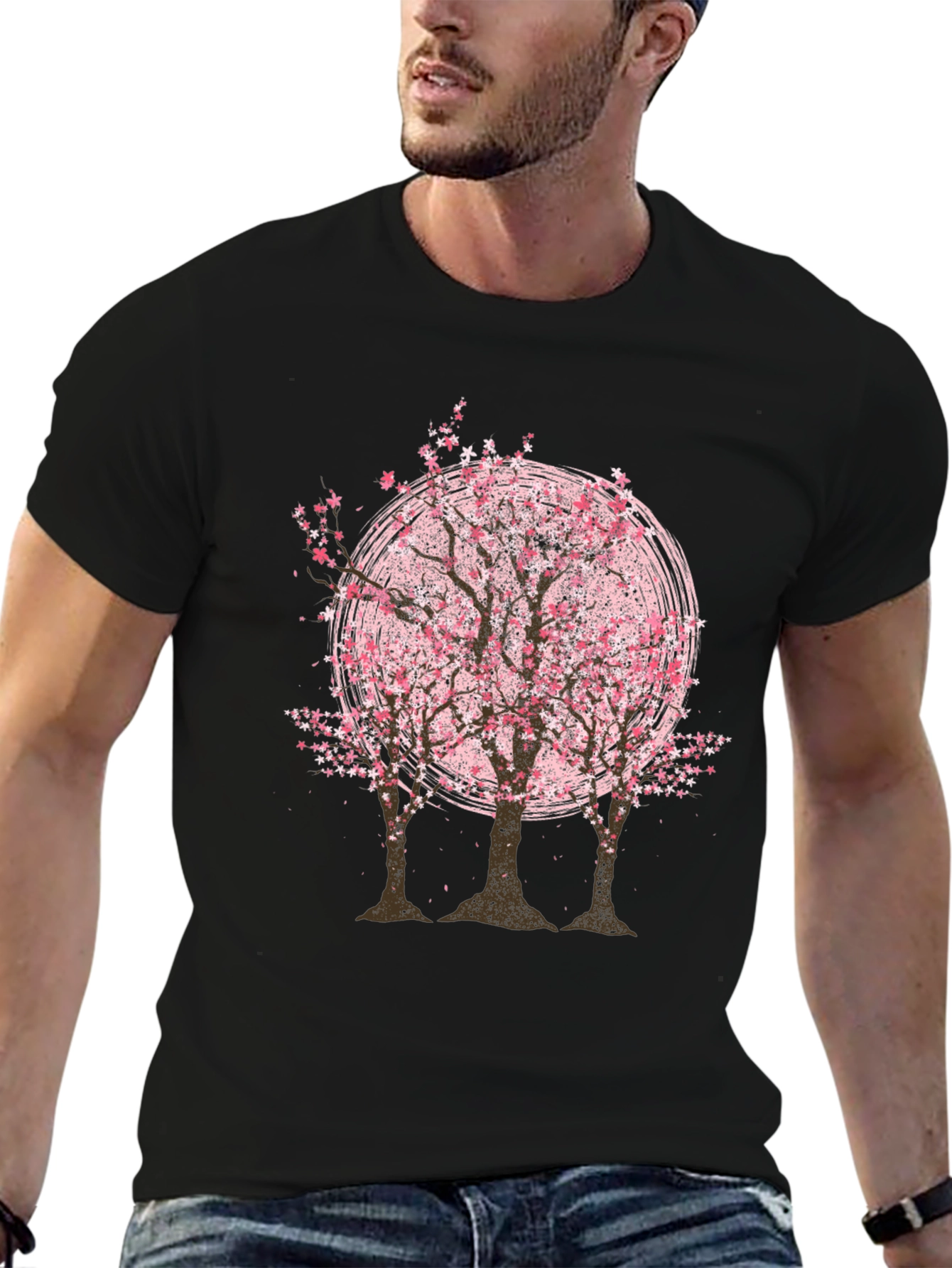 Cherry Blossom Tree Graphic Tee - Black Cotton T-Shirt