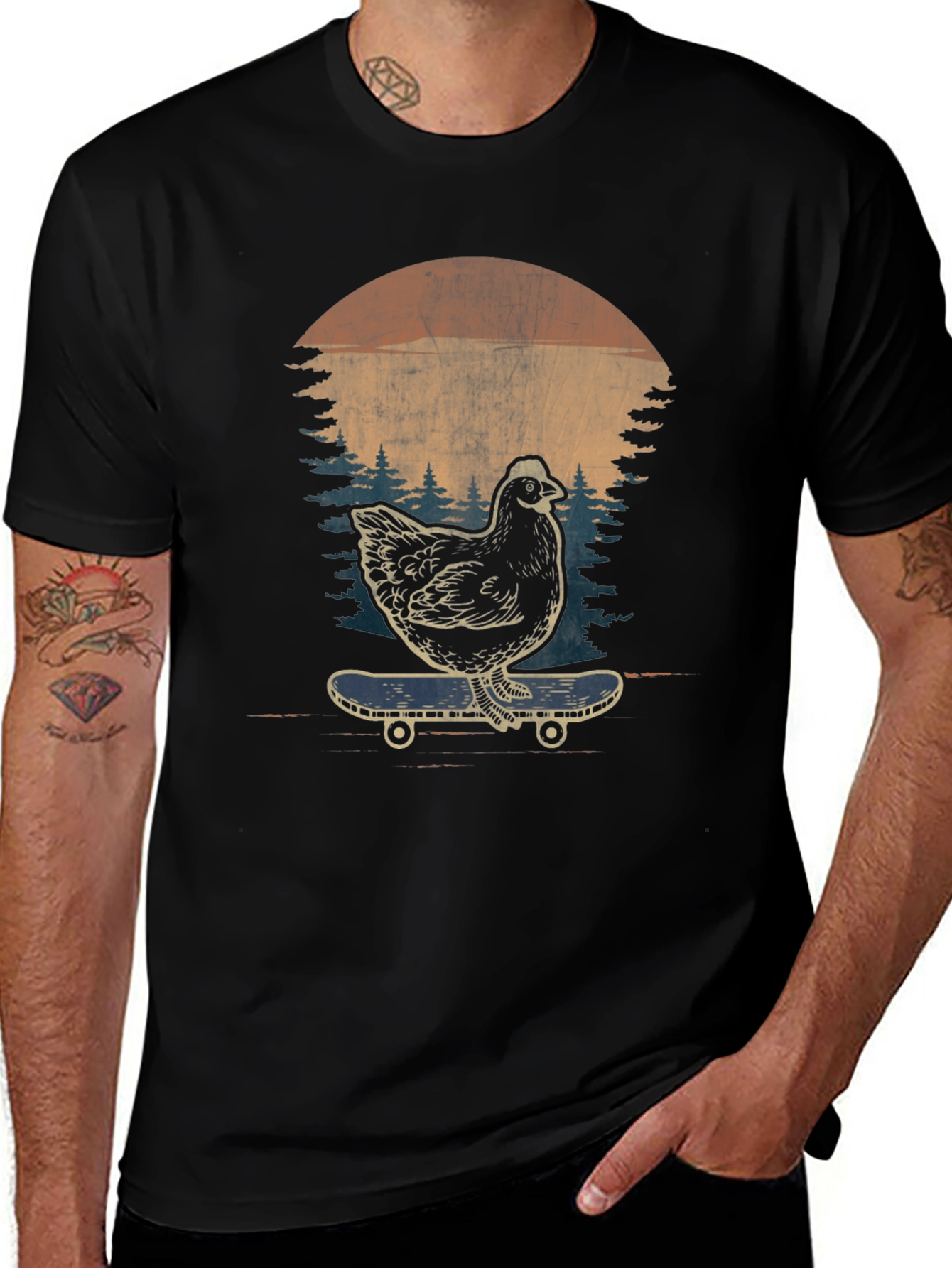 Chicken Skateboard Graphic Tee - Retro Style