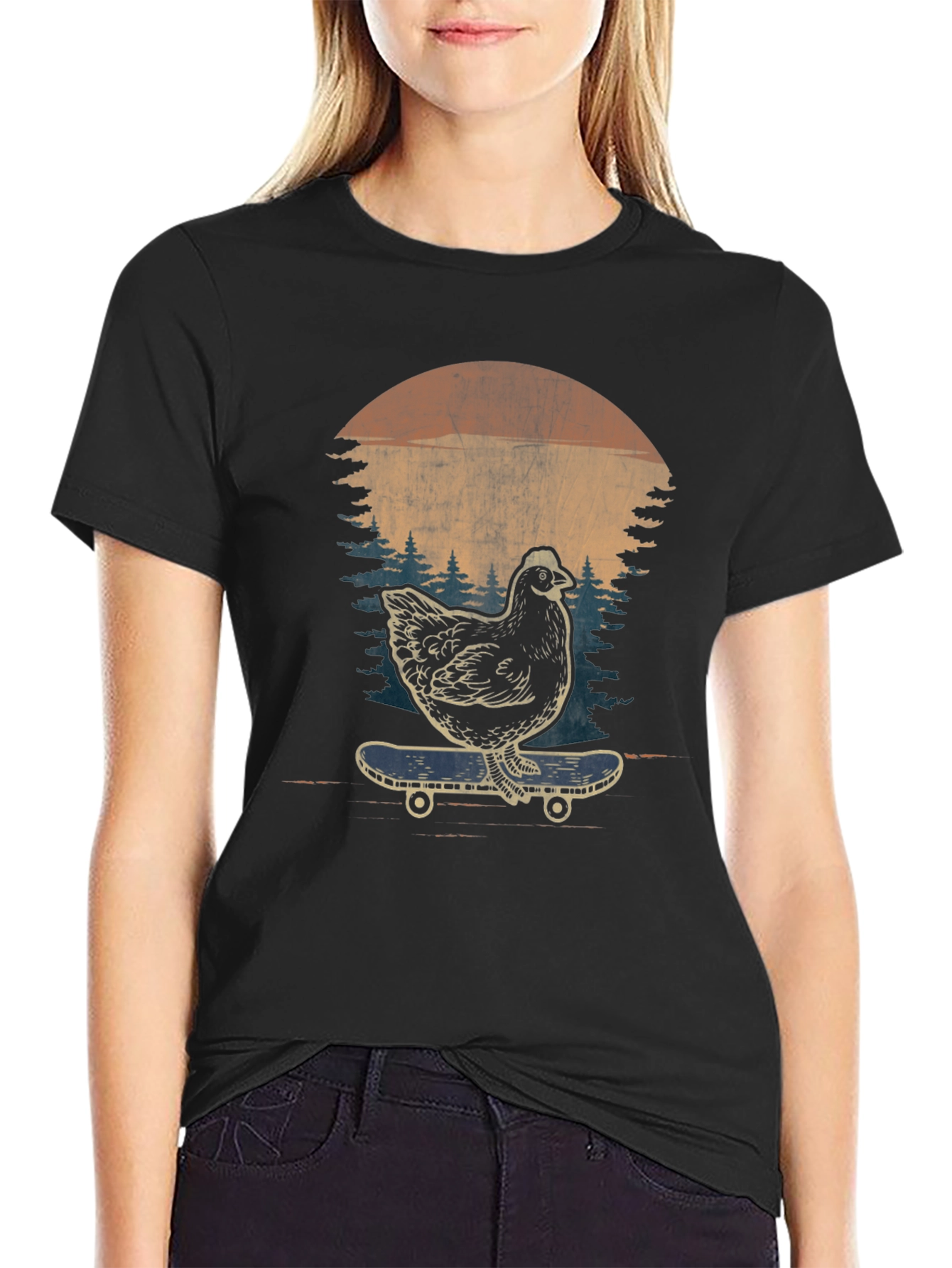 Chicken Skateboard Graphic Tee - Retro Style