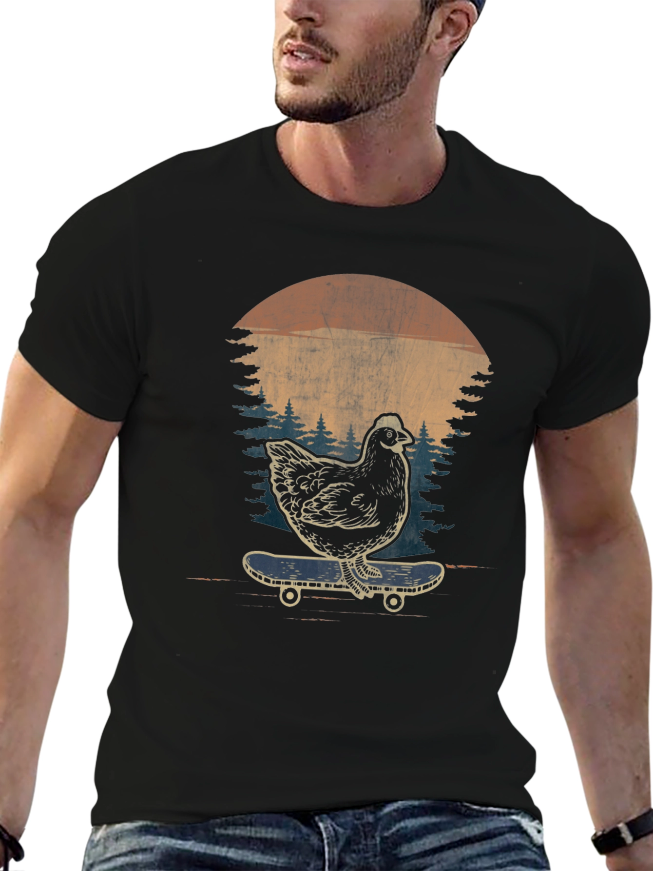 Chicken Skateboard Graphic Tee - Retro Style