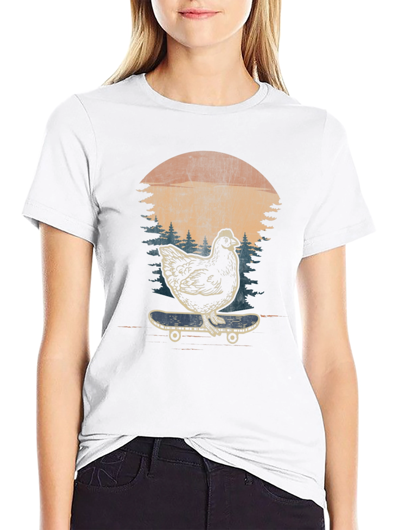 Chicken Skateboard Graphic Tee - Retro Style