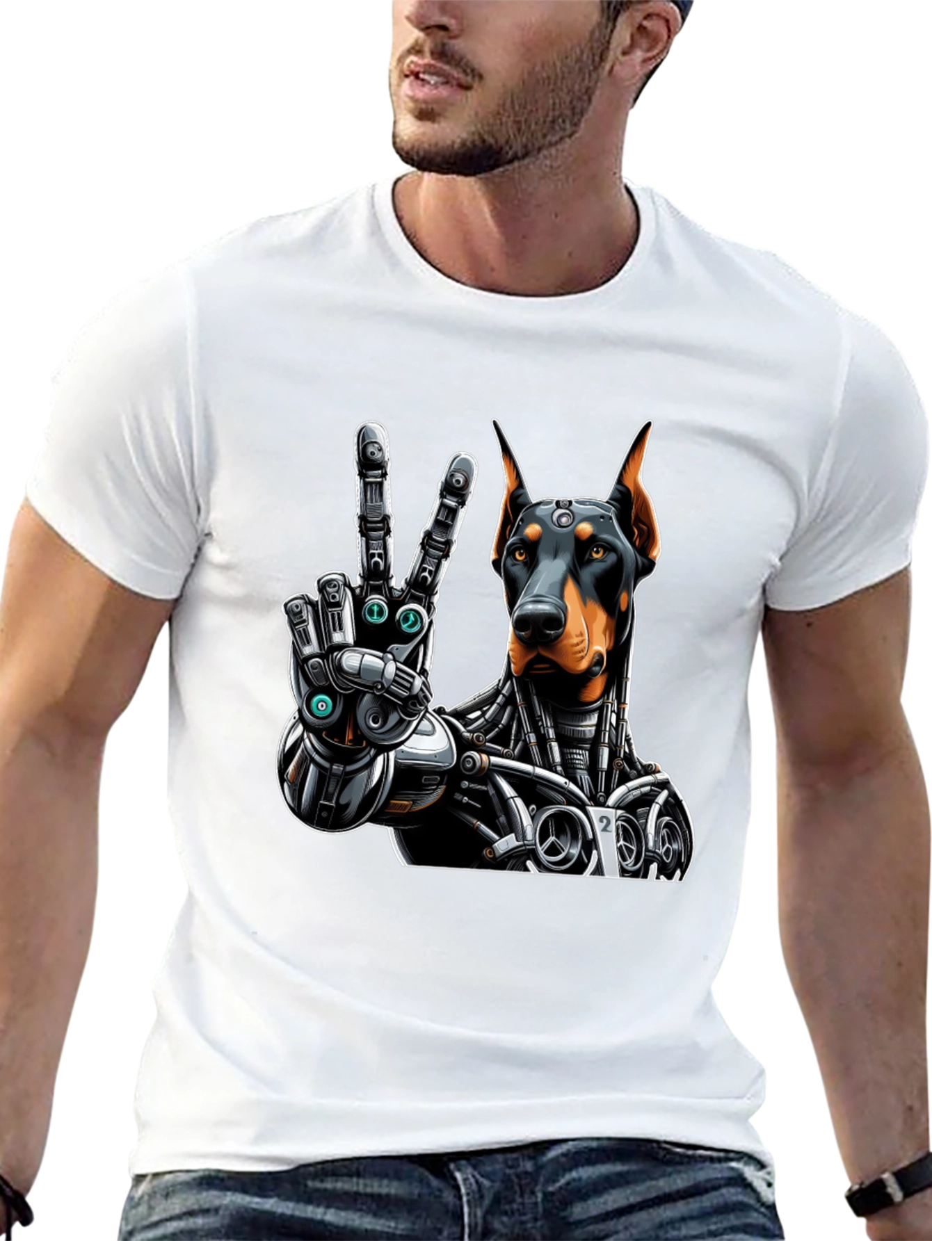 Doberman Robot Peace Sign Graphic T-Shirt