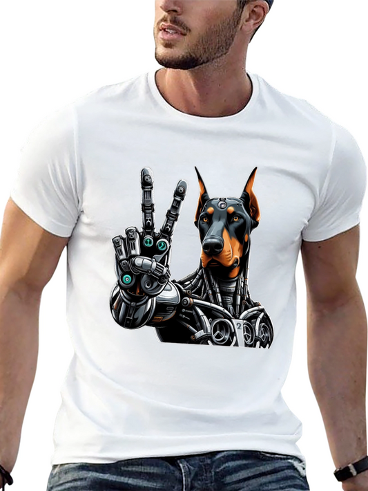 Doberman Robot Peace Sign Graphic T-Shirt
