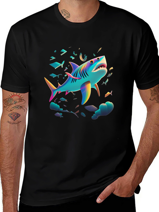Vibrant Shark Graphic Tee - Black Cotton Blend