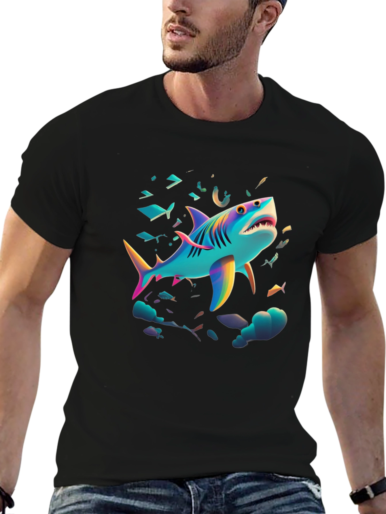Vibrant Shark Graphic Tee - Black Cotton Blend