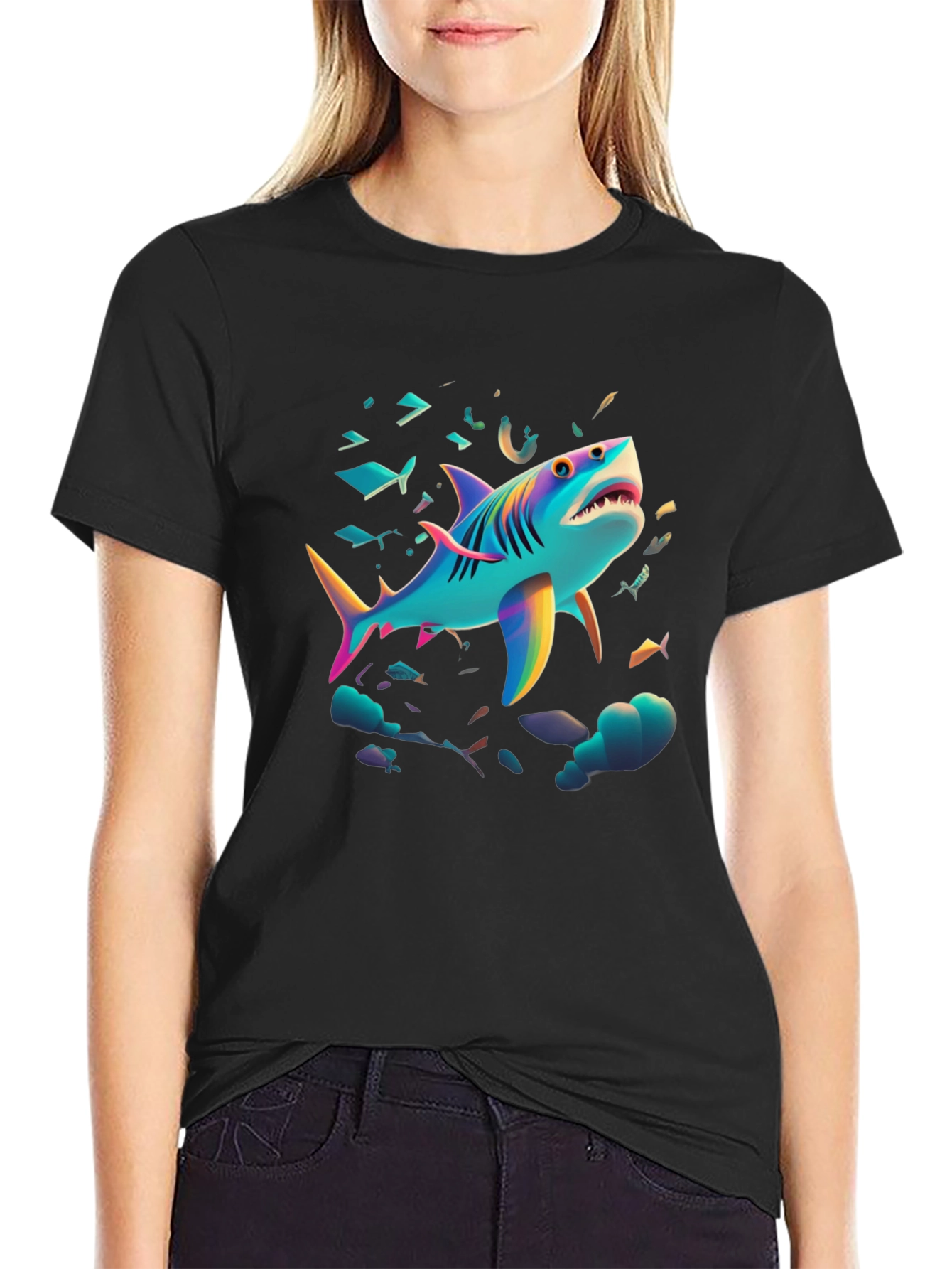 Vibrant Shark Graphic Tee - Black Cotton Blend