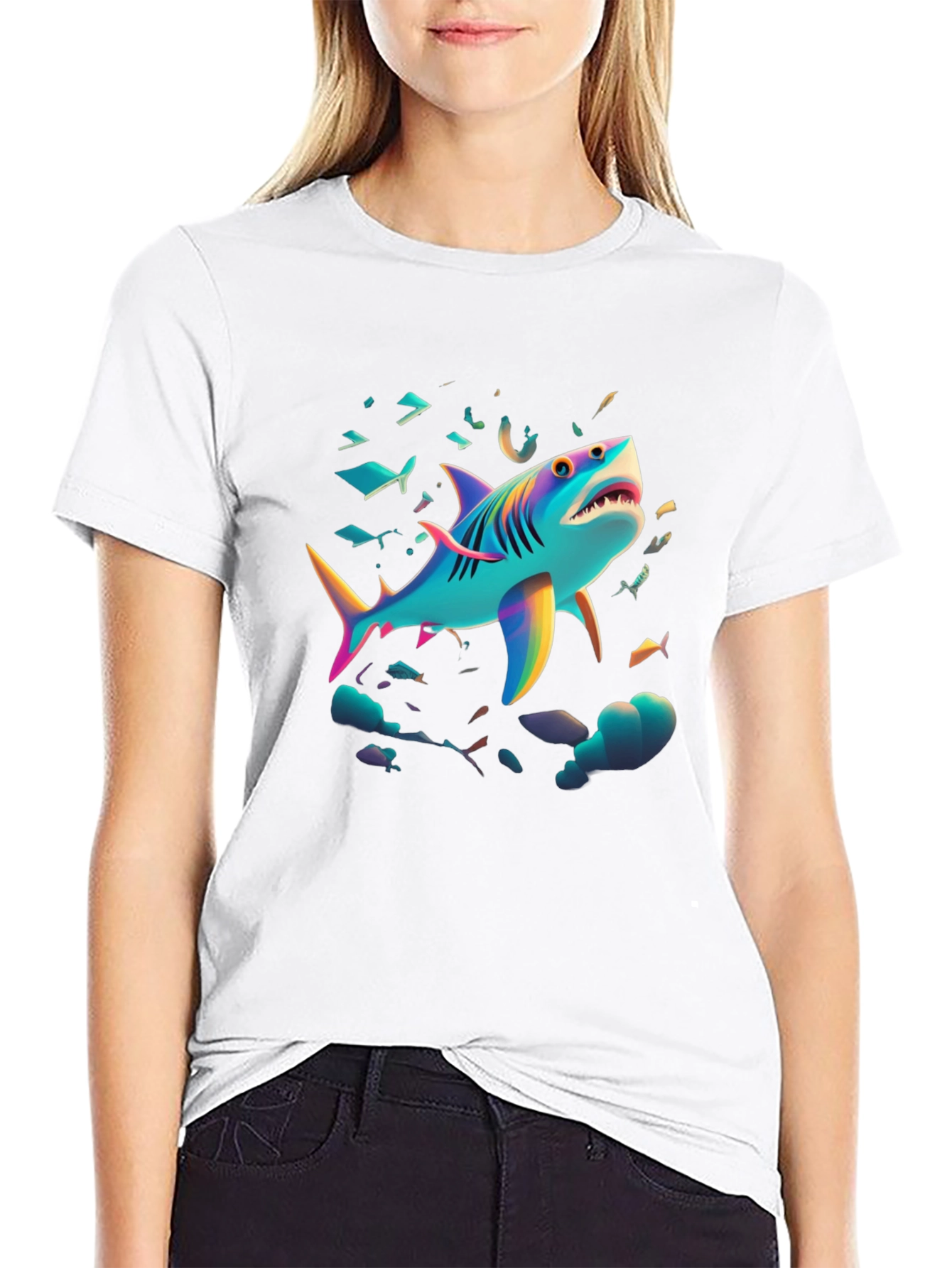 Vibrant Shark Graphic Tee - Black Cotton Blend