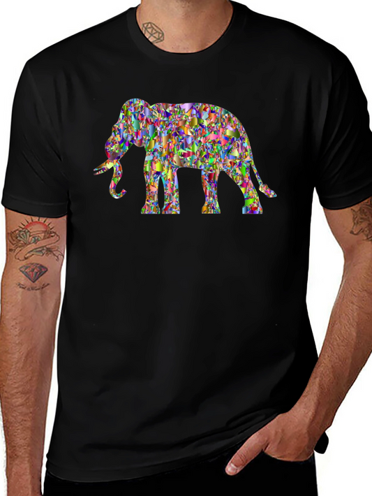 Abstract Elephant Graphic Tee - Black Cotton Casual Top