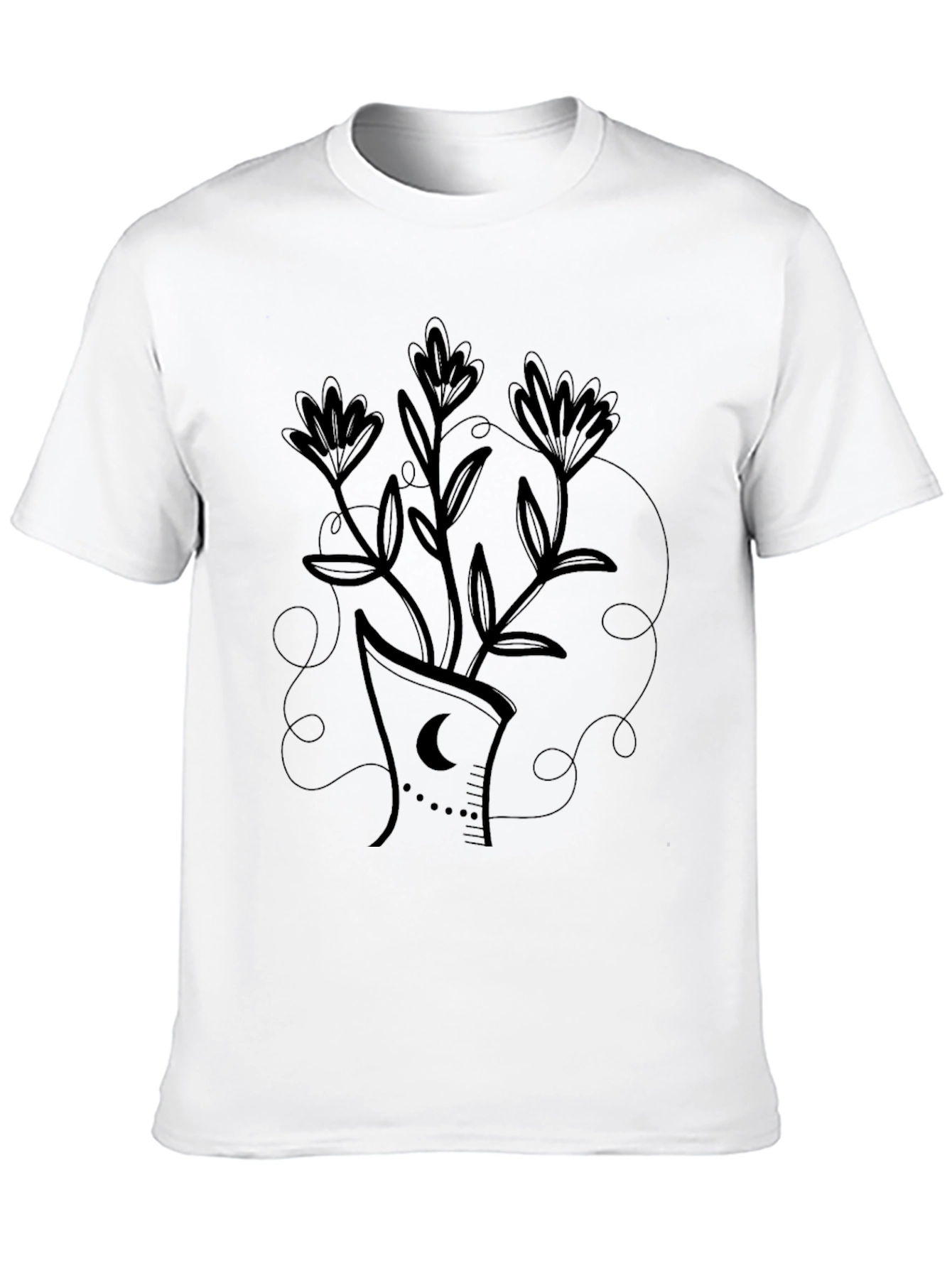 Black T-Shirt with Floral Crescent Moon Design