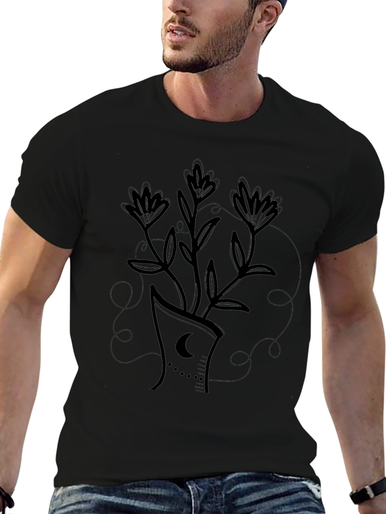 Black T-Shirt with Floral Crescent Moon Design