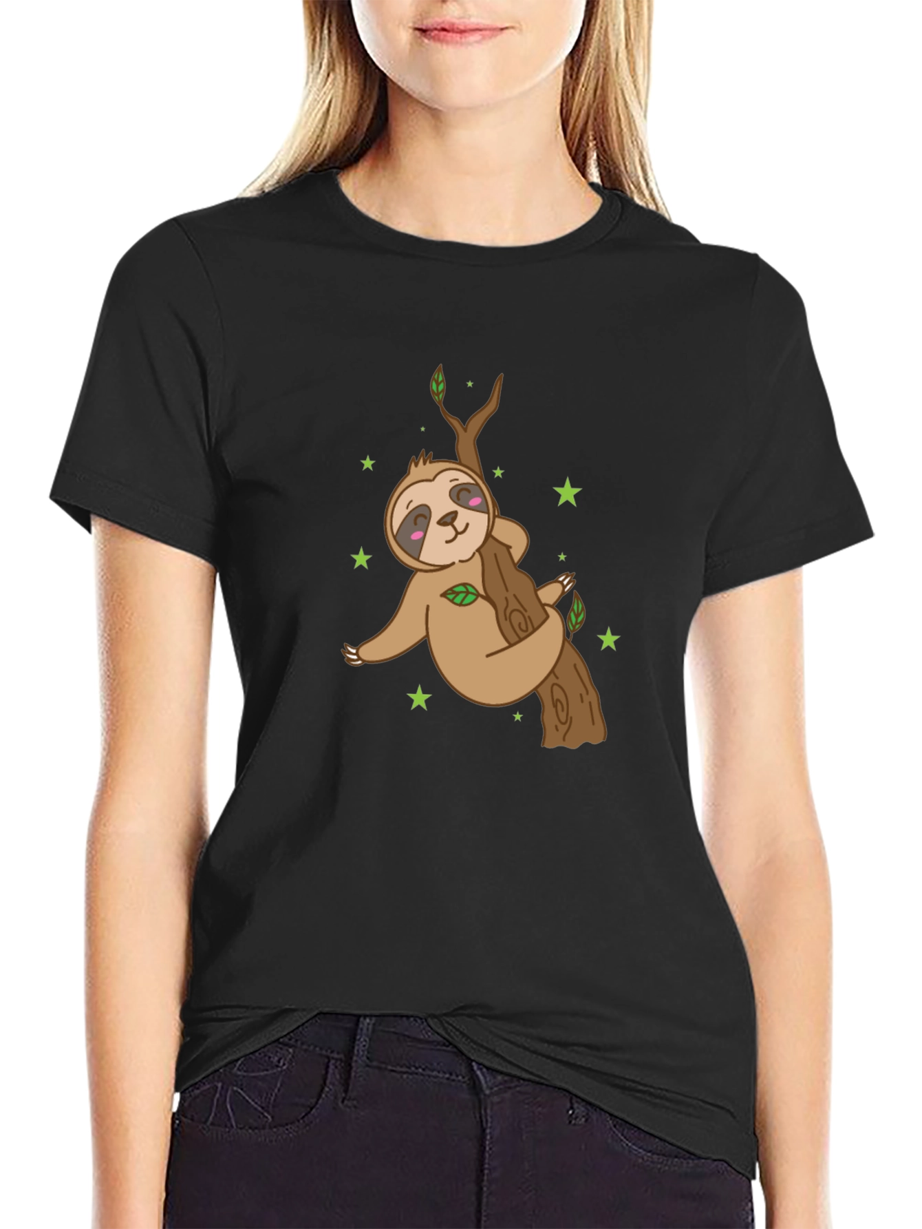 Sloth Hugging Tree Black T-Shirt