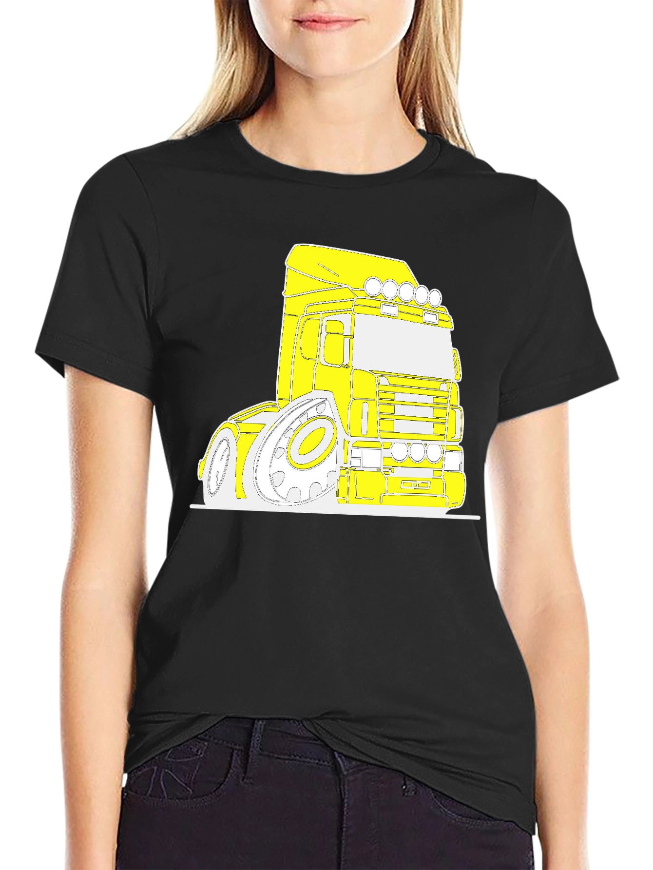 Cartoon Truck Graphic Tee - Black Cotton T-Shirt