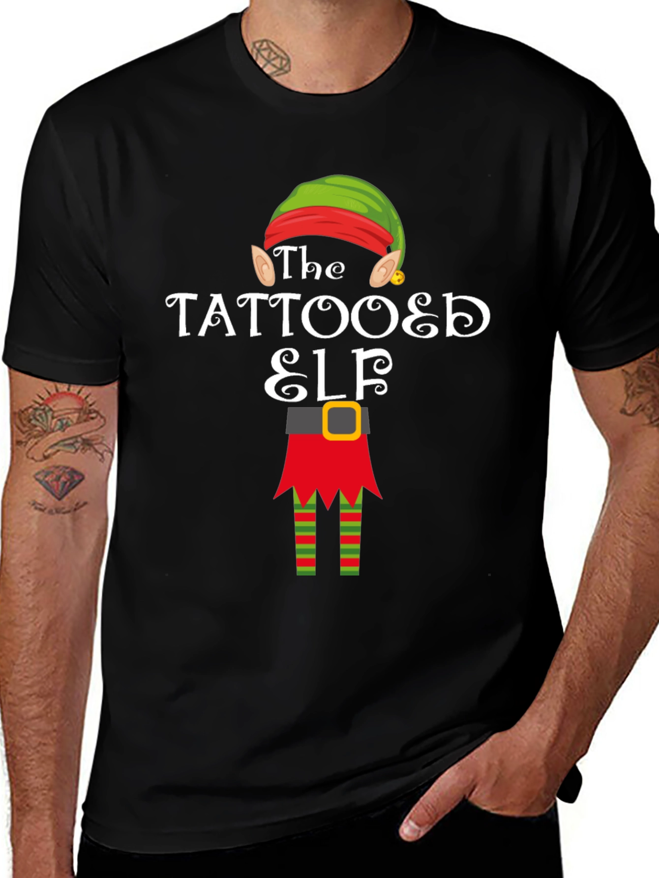 Tattooed Elf Christmas Graphic Tee Shirt