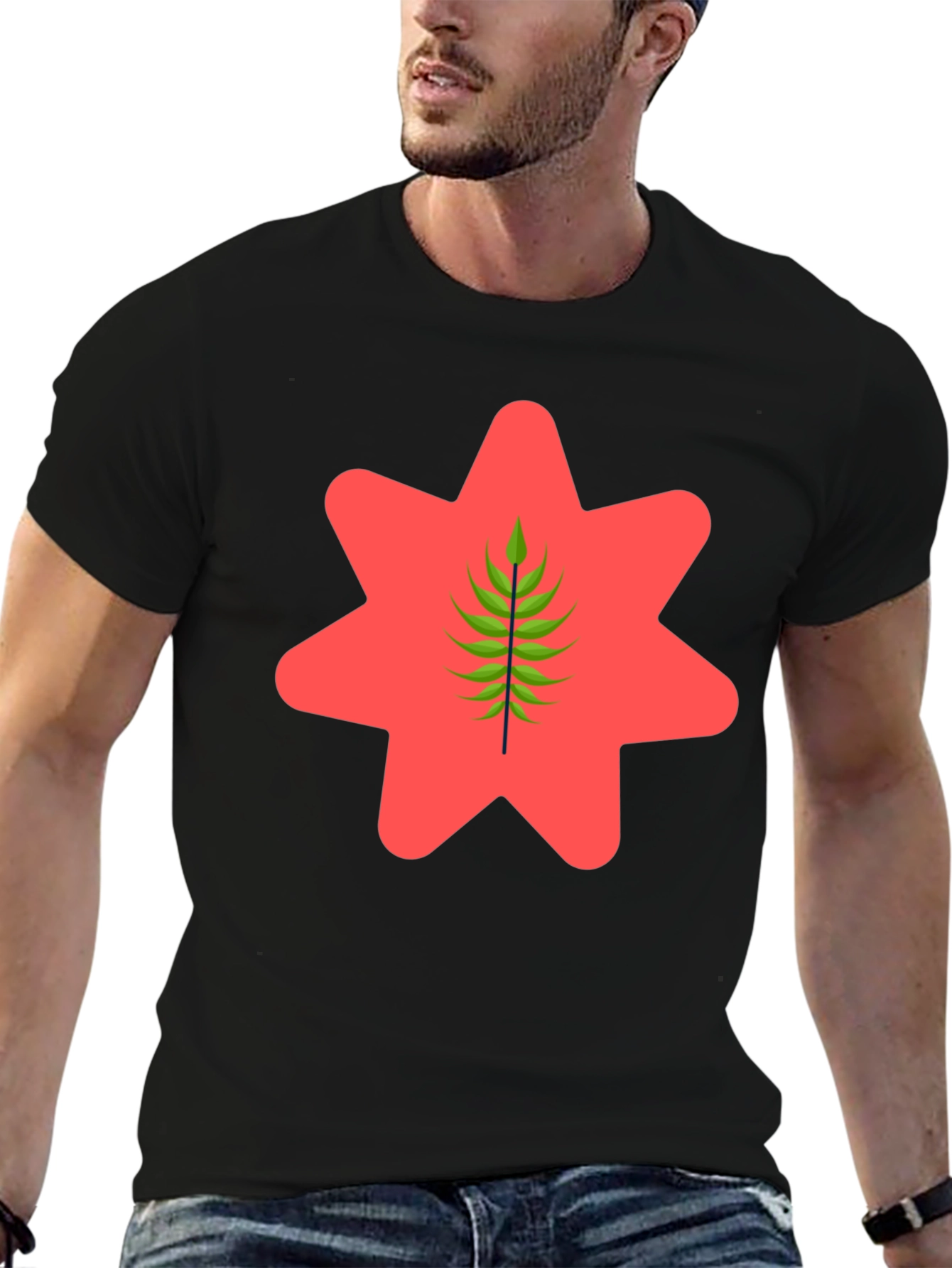 Black Graphic Tee - Red Star & Green Leaf