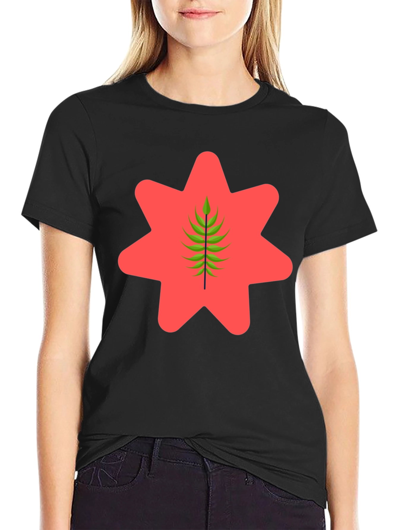Black Graphic Tee - Red Star & Green Leaf