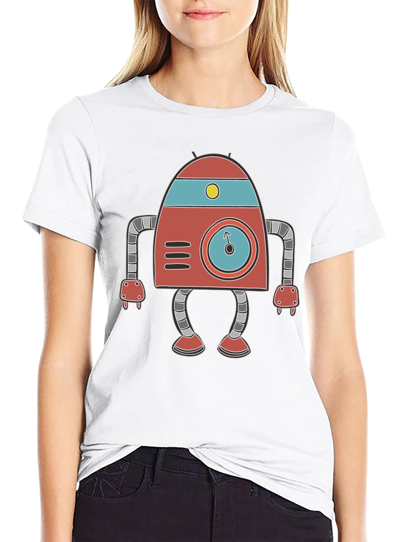 Retro Robot Graphic Tee - Black Cotton T-Shirt
