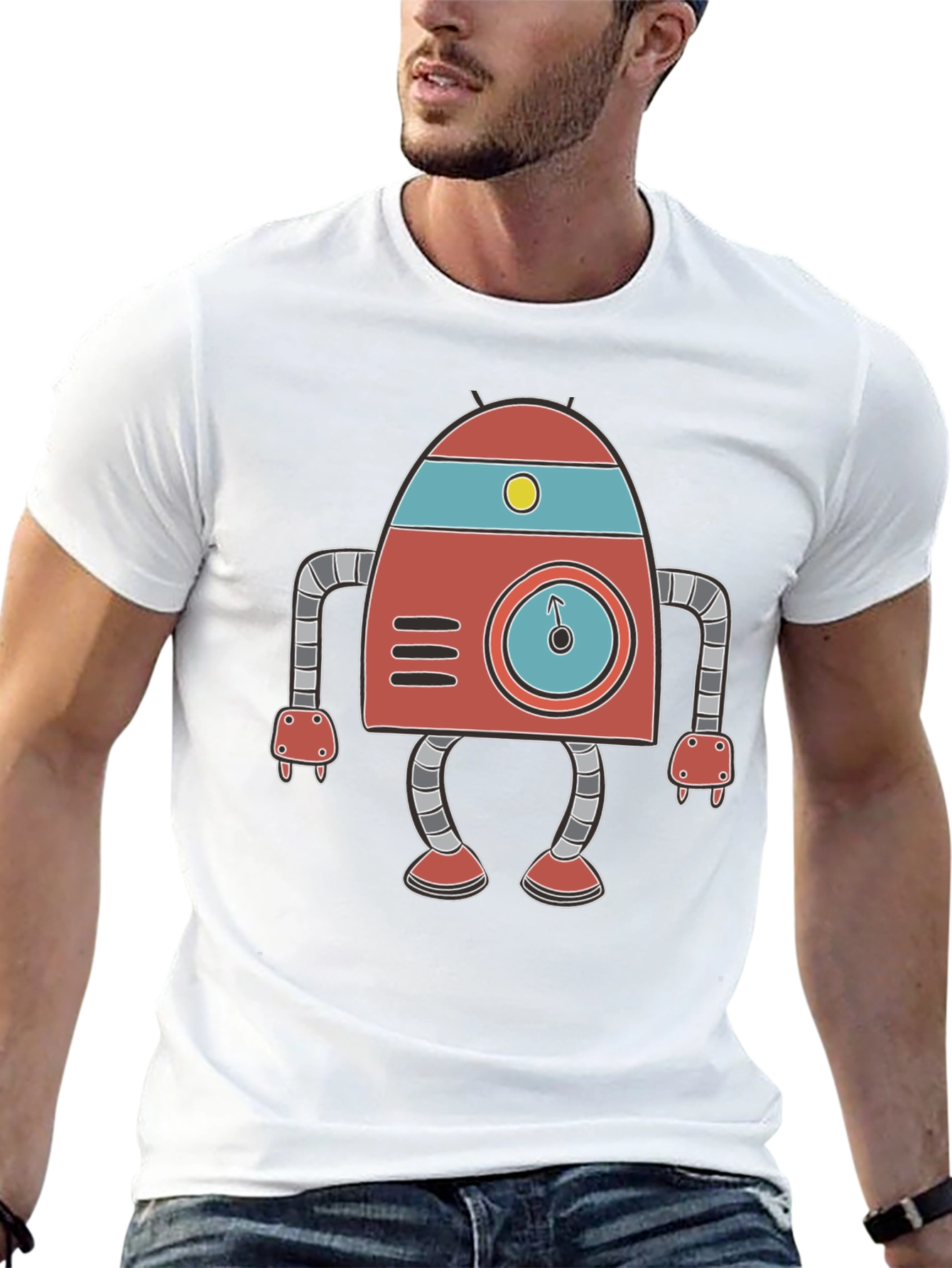 Retro Robot Graphic Tee - Black Cotton T-Shirt