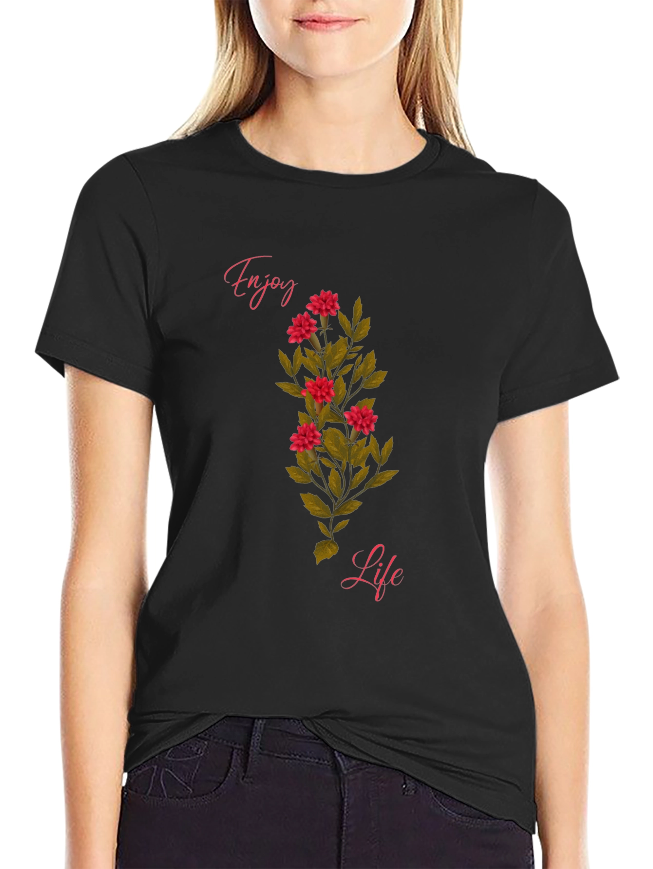 Enjoy Life Floral Graphic T-Shirt - Black